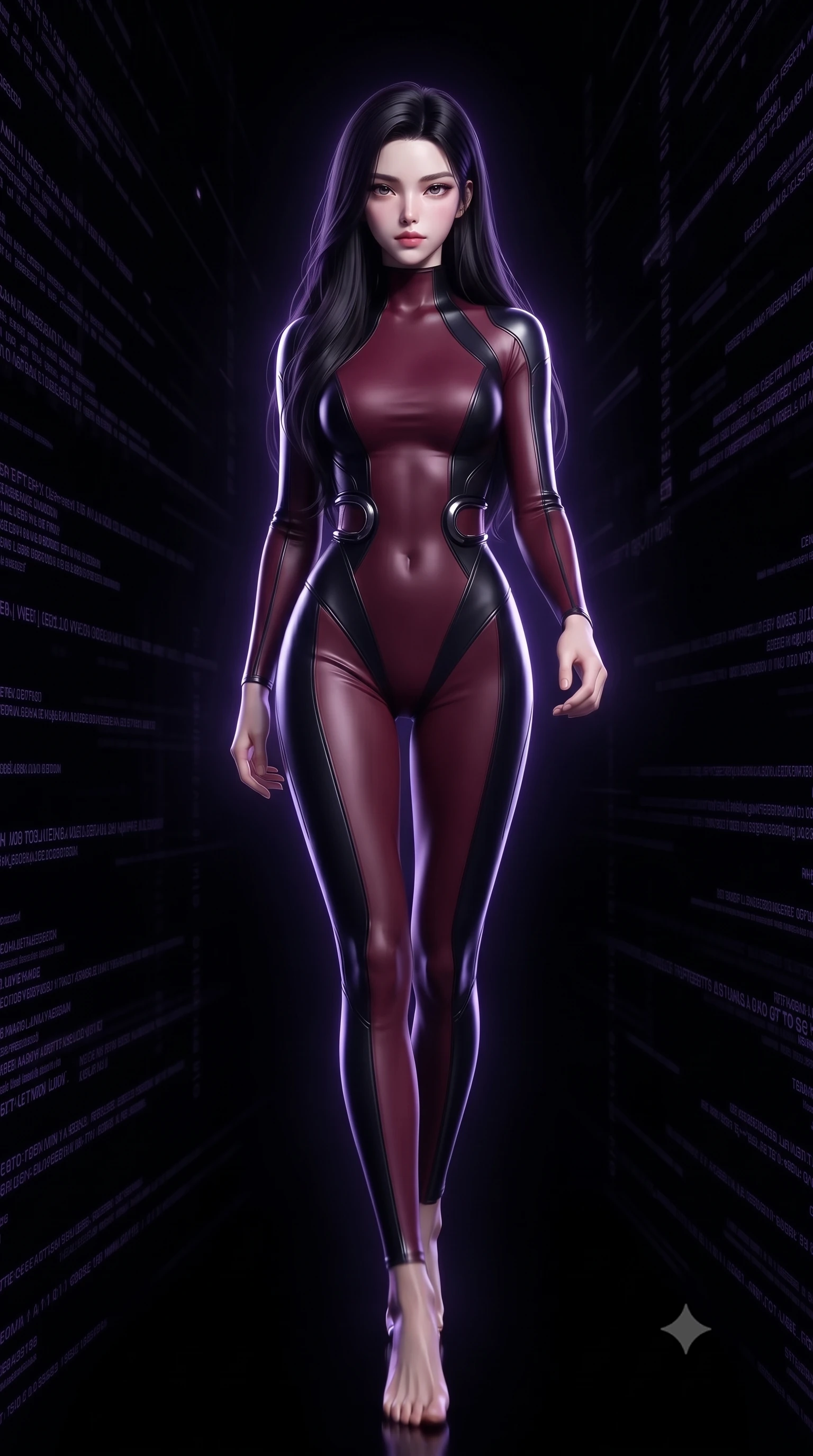 score_9, masterpiece, best quality, ultra-detailed, high-budget anime keyframe, editorial fashion photography, tasteful artistic composition, Korean woman. low angle full-body shot from head to toe showing her feet, filling the entire 9:16 vertical frame with her statuesque presence, stretching her vertical silhouette. navigating the midnight sanctuary with an effortless, graceful stride, standing inside a pitch-black digital void filled with dark purple holographic code streams, sleek cybernetic line highlights defining her posture. She has an absolutely perfect, statuesque 8.5-heads proportion, an exceptionally tall and slender model-like female figure with impossibly long slender legs and an ultra-slim waist. sharp v-shaped jawline, high-bridge nose, intricate jewel-like eyes with depth, thick eyelashes, glossy lips with a natural sheen. wearing sleek high-neck ribbed activewear bodysuit in matte black in deep crimson burgundy, made of polished black leather, accented with sculpted obsidian chrome rings at the waist, contouring every curve with an exceptionally elegant silhouette. surrounded by a glowing violet matrix aura with sharp edge highlights. ultra-reflective glossy finish, specular highlights, metallic sheen, high-contrast stereoscopic depth, volumetric dynamic lighting, 2k, ultra detail, master piece, 9:16 ratio