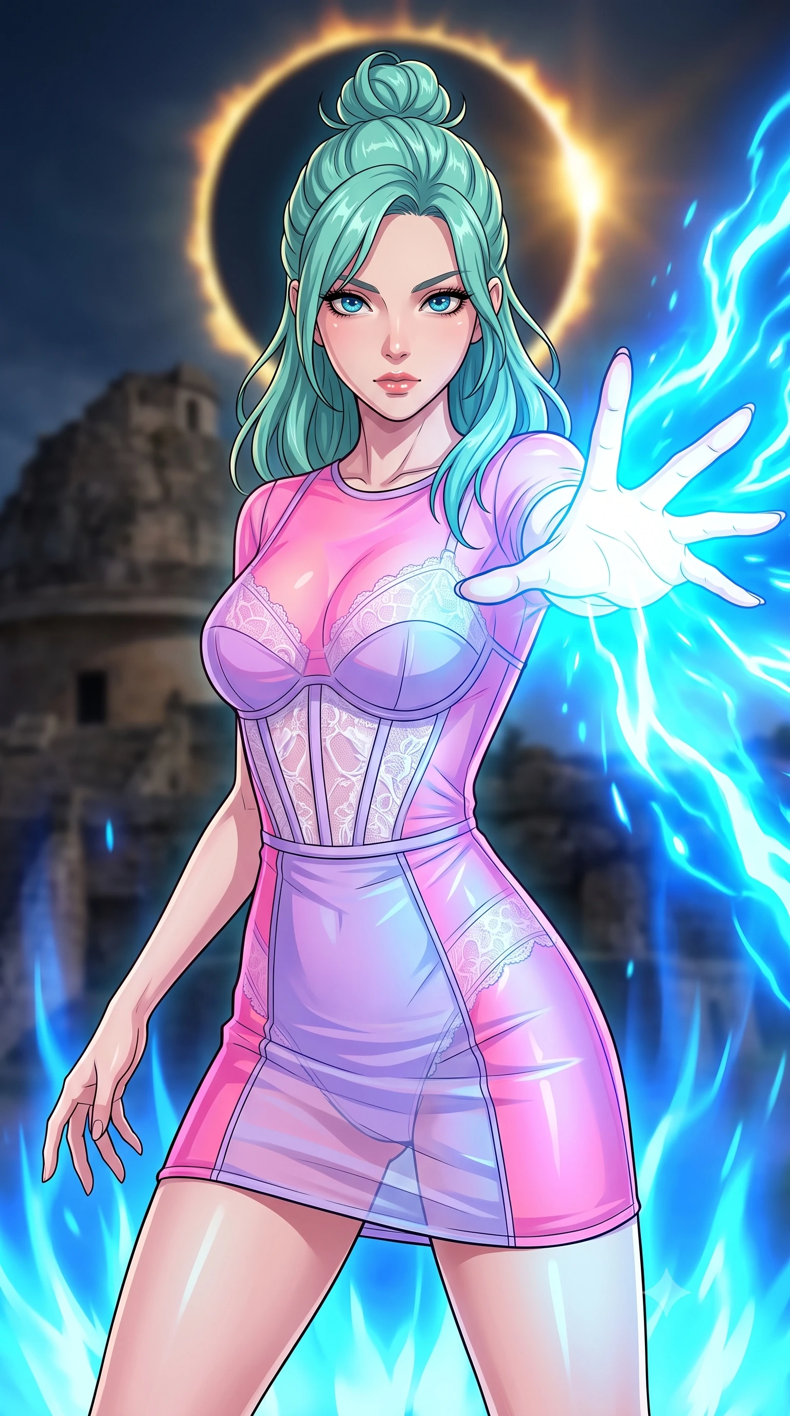 score_9, masterpiece, best quality, ultra-detailed, high-budget anime keyframe, clean line-art, cel-shading, Japanese woman. close-up cowboy shot from the waist and thighs up, the character dominates the composition, filling the frame with her large presence, background elements kept in soft focus. Unleashing a wave of force with an outstretched hand, her gaze locked on the target. set against a soft-focus background of an ancient stone observatory under a total solar eclipse, the sun's corona forming a ring of gold fire in the sky. She has an exceptionally elegant and slender, willowy female figure with an ultra-slim waist, a gracefully sculpted slender torso, and a refined slim physique. sharp v-shaped jawline, high-bridge nose, intricate jewel-like eyes with depth, thick eyelashes, glossy lips with a natural sheen. wearing catching and diffusing the glowing particles, shimmering softly in response to the surrounding light, a body-hugging sheer organza mini dress in color-blocked neon pink and lavender, layered over a white lace underlayer with visible corset boning. pulsing electric blue plasma arc lighting rising dramatically from below. highly saturated vibrant anime colors, intense vivid color palette, volumetric dynamic lighting, 2k, ultra detail, master piece, 9:16 ratio