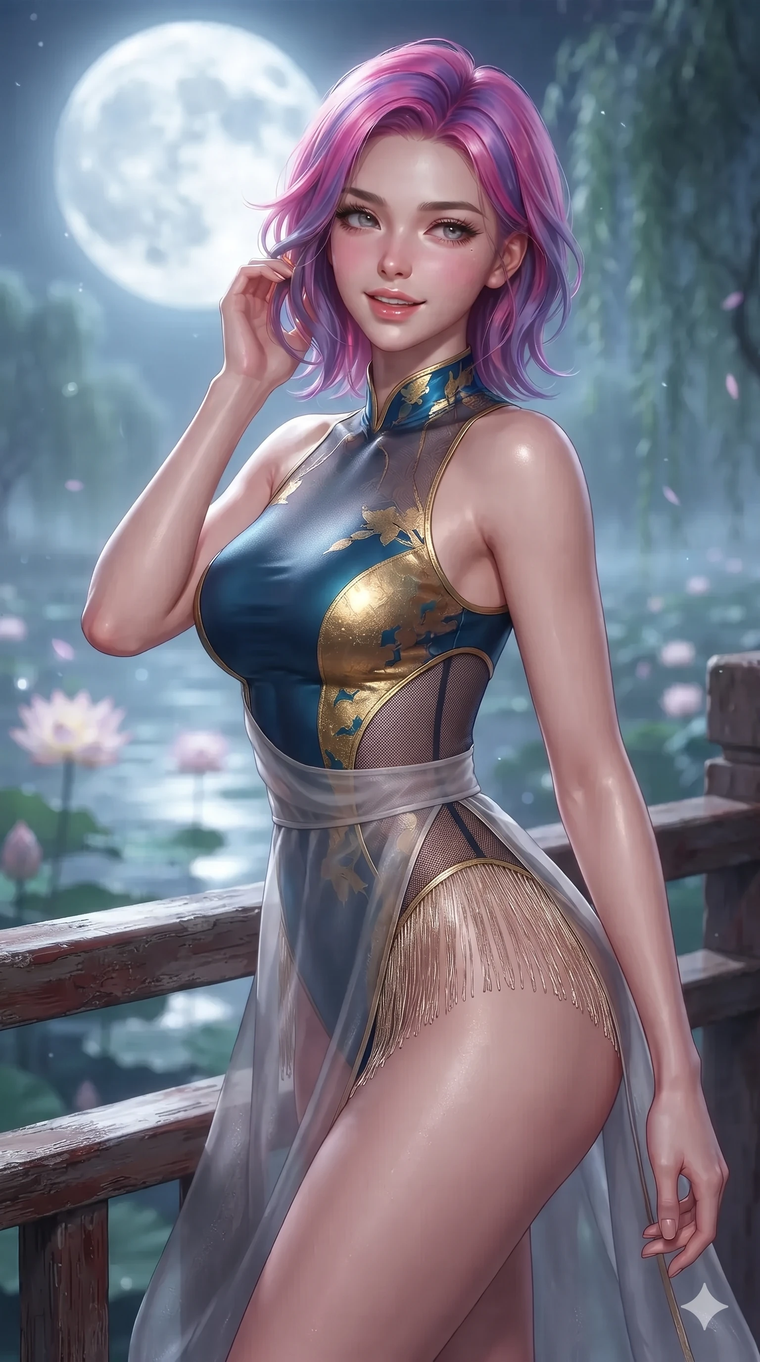 score_9, masterpiece, best quality, ultra-detailed, high-budget anime keyframe, editorial fashion photography, tasteful artistic composition, Caucasian woman. close-up cowboy shot from the waist and thighs up, the character dominates the composition, filling the frame with her large presence. gently brushing a lock of silk hair behind her ear while casting a playful, flirtatious side-gaze with long eyelashes while twisting her slender torso in an alluring S-curve beside the lacquered wooden balustrade, silver moonbeams tracing her narrow waist and rounded hips. The background shows a soft-focus the giant glowing harvest full moon, floating lotus blossoms, and misty willow trees blurred into silver, jade, and amethyst bokeh. She has an exceptionally elegant, slender, and willowy female figure with an ultra-slim waist, flat toned midriff, narrow ribcage, and sculpted feminine hips creating an alluring, slim hourglass silhouette without bulk. sharp v-shaped jawline, high-bridge nose, sparkling eyes with hypnotic seductive depth, thick curled eyelashes, glossy parted lips with a natural dewy peach sheen, alluring bedroom-eyes with an enchanting coquettish smile, exuding magnetic siren charisma and sophisticated glamour, flawlessly proportioned anatomical accuracy, strict slender model proportions, natural body alignment, perfectly sculpted long slender limbs, ultra-slim waistline, clean dynamic posture without body distortion. wearing a provocative sheer nobang organza wrap overskirt layered over a form-fitting silk leotard with bare hip flanks in deep ocean cobalt and shimmering gold leaf, featuring strategic sheer-illusion micro-mesh cutouts along her ribcage and hip flanks, finished with delicate silk fringe trim fluttering along her hip line with kinetic charm, the high-slit wrap tailoring accentuating her ultra-slim waistline and the enchanting curve of her feminine hips with alluring seductive charm. illuminated by pond surface moonbeam bounce and sharp platinum rim lights sculpting her razor-sharp jawline, narrow waist, and curvy hips. ultra-reflective glossy finish, specular highlights, rich textural contrasts, high-contrast stereoscopic depth, volumetric dynamic lighting, 2k, ultra detail, master piece, 9:16 ratio