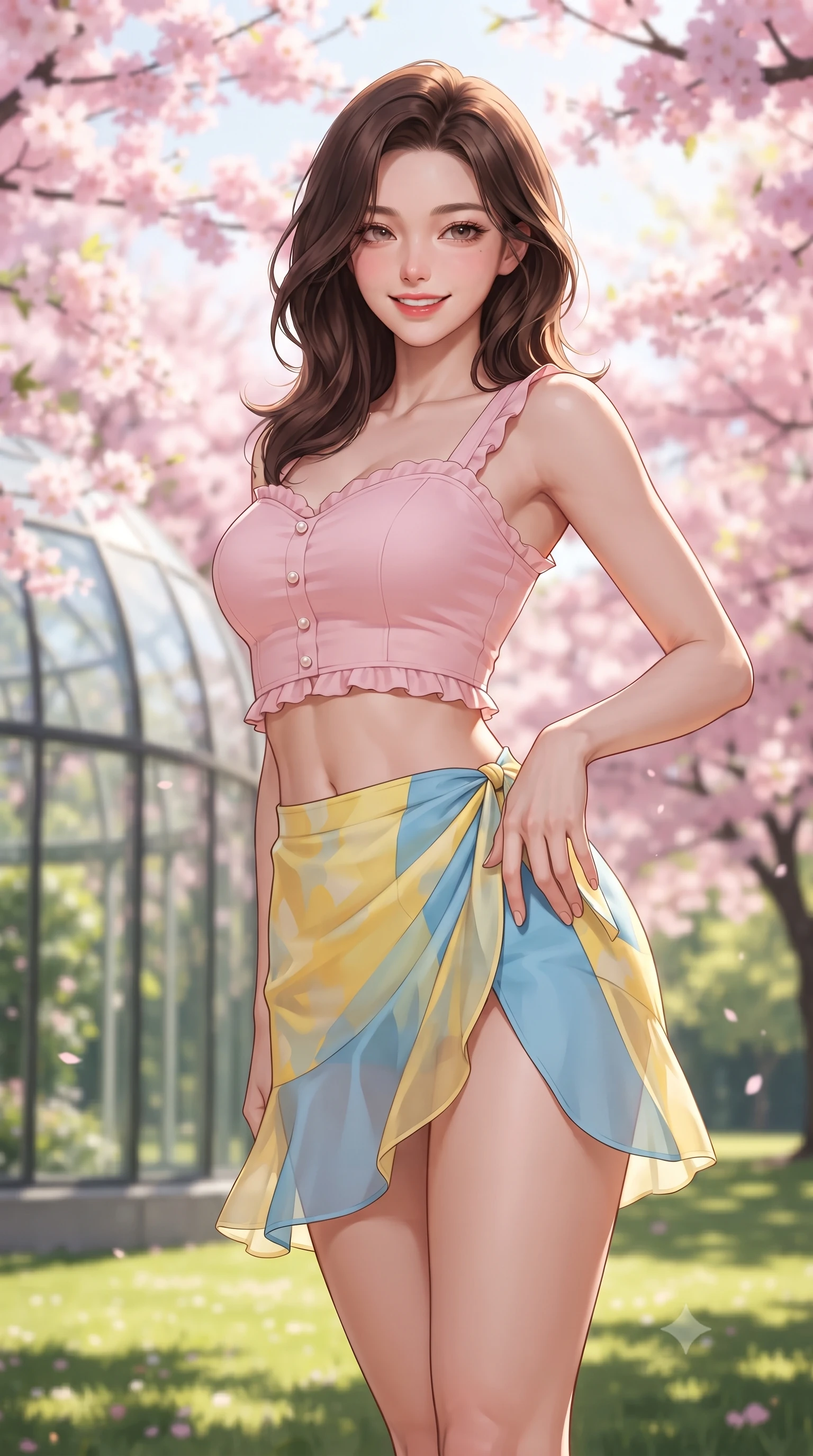 score_9, masterpiece, best quality, ultra-detailed, high-budget anime keyframe, editorial fashion photography, tasteful artistic composition, Korean woman. close-up cowboy shot from the waist and thighs up, the character dominates the composition, filling the frame with her large presence. tilting her head with a cute beaming smile while arching her spine with effortless dancer poise, one hand sliding along her hip line in a flirtatious S-curve while standing poised beside the modernist glass botanical dome, her form-fitting casual chic outfit accentuating her narrow waist and rounded hips. The composition keeps background elements in soft focus with dreamy creamy bokeh. cascading pink cherry blossom canopies and sunlit green lawns blurred into soft sakura-pink, lime, and golden sunbeam bokeh. She has an exceptionally elegant, slender, and willowy female figure with an ultra-slim waist, flat toned midriff, narrow ribcage, and sculpted feminine hips creating an alluring, slim hourglass silhouette without bulk. sharp v-shaped jawline, high-bridge nose, intricate jewel-like sparkling eyes with depth, thick eyelashes, glossy parted lips with a natural peach sheen, bright cheerful beaming smile with an enchanting and coquettish sensual glint, exuding both youthful cute charm and seductive allure, flawlessly proportioned anatomical accuracy, strict slender model proportions, natural body alignment, perfectly sculpted long slender limbs, ultra-slim waistline, clean dynamic posture without body distortion. wearing a sweetheart-neckline baby-pink crop top with a high-slit wrap mini skirt accentuating her waist-to-hip curve in sunny daffodil yellow and clear sky blue, woven from layered gossamer organza with weightless flutter, finished with subtle ruffle trims and delicate pearl buttons, the form-fitting cut adhering flawlessly to her sculpted flat midriff and slender torso, emphasizing her long leg lines and perfectly proportioned willowy build. illuminated by soft grass bounce light contouring her sculpted collarbones, ultra-slim waist, and curvy hips. ultra-reflective glossy finish, specular highlights, rich textural contrasts, high-contrast stereoscopic depth, volumetric dynamic lighting, 2k, ultra detail, master piece, 9:16 ratio
