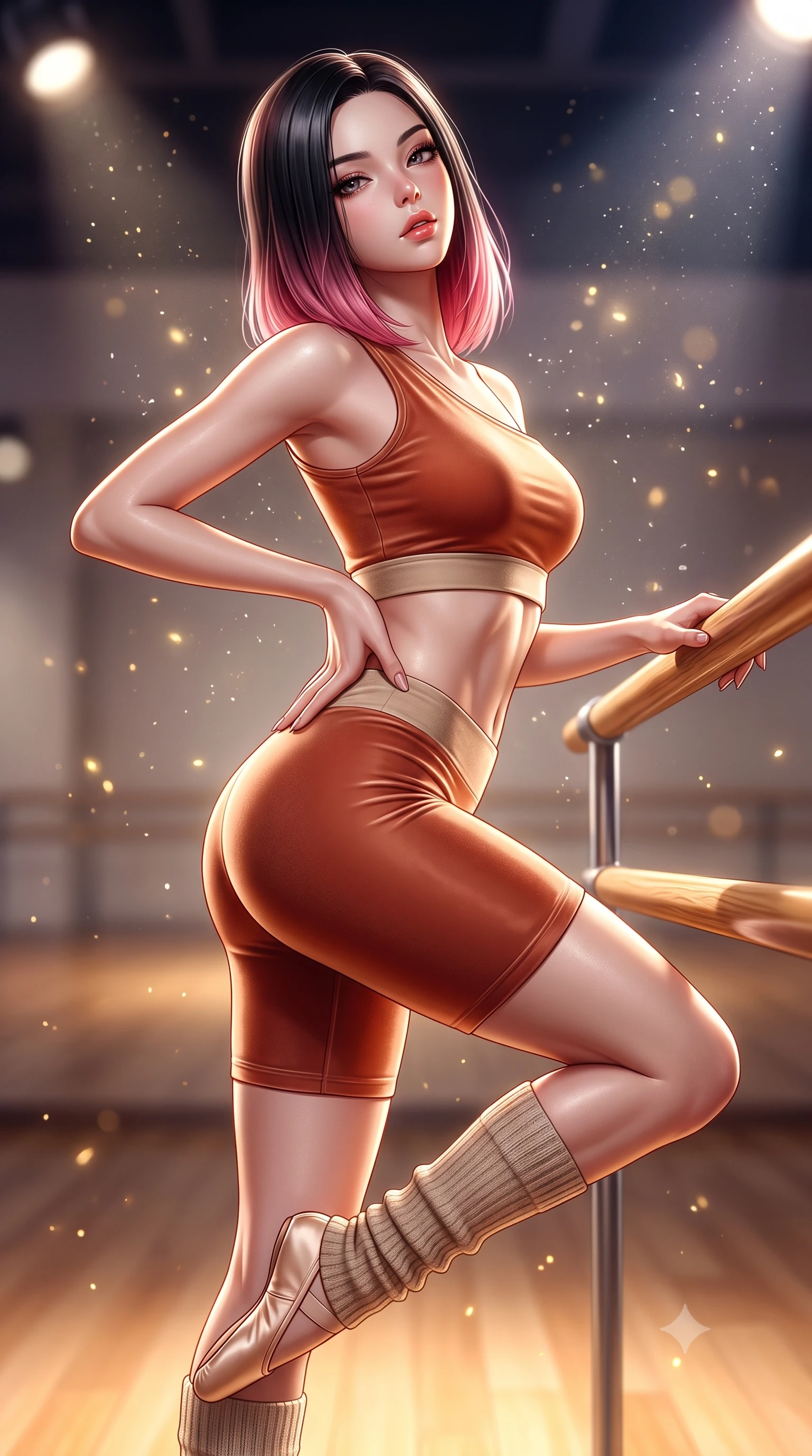score_9, masterpiece, best quality, ultra-detailed, high-budget anime keyframe, semi-realistic 3D game render, editorial fashion photography, tasteful artistic composition, Korean woman. close-up cowboy shot from the waist and thighs up, the character dominates the composition, filling the frame with her large presence. resting one manicured hand delicately on her hip bone, her upper body turning in a fluid, seductive S-curve while parted lips glisten in the light while resting both hands on a polished wooden ballet barre while arching her lower back in a deep cambré stretch, highlighting her sculpted glutes and slender waist. The composition keeps background elements in soft focus with creamy bokeh. floating micro-chalk particles and spotlight beams scattering luminous golden light motes. She has an exceptionally elegant, slender, and willowy female figure with an ultra-slim waist, a gracefully sculpted slender torso, toned flat midriff, and rounded feminine hips creating an alluring hourglass silhouette. sharp v-shaped jawline, high-bridge nose, intricate jewel-like eyes with depth, thick eyelashes, glossy parted lips with a natural sheen, intensely captivating and seductive bedroom-eyes expression, flawlessly proportioned anatomical accuracy, strict slender model proportions, natural body alignment, perfectly sculpted long slender limbs, ultra-slim waistline, clean dynamic posture without body distortion. wearing a sporty asymmetrical crop tank paired with seamless contouring biker shorts in warm terracotta and oatmeal beige, made of flexible stretch velvet with rich specular luster, accessorized with knitted leg warmers and delicate satin ballet slippers, the form-contouring material adhering flawlessly to her sculpted flat midriff and slender torso, emphasizing her long leg lines and perfectly proportioned willowy build. bathed in warm floor-level uplighting and dramatic overhead theatrical spotlights. highly saturated vibrant anime colors, detailed shading with soft gradients, rich glossy textures, high-contrast stereoscopic depth, volumetric dynamic lighting, master piece, 9:16 ratio