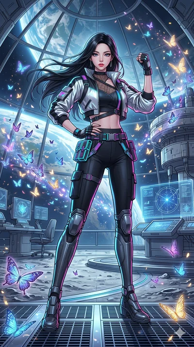 score_9, masterpiece, best quality, ultra-detailed, high-budget anime movie keyframe, cinematic anime lighting, intricate line art, Korean woman. Dynamic full-body shot stretching the vertical silhouette across the 9:16 frame. standing victoriously i