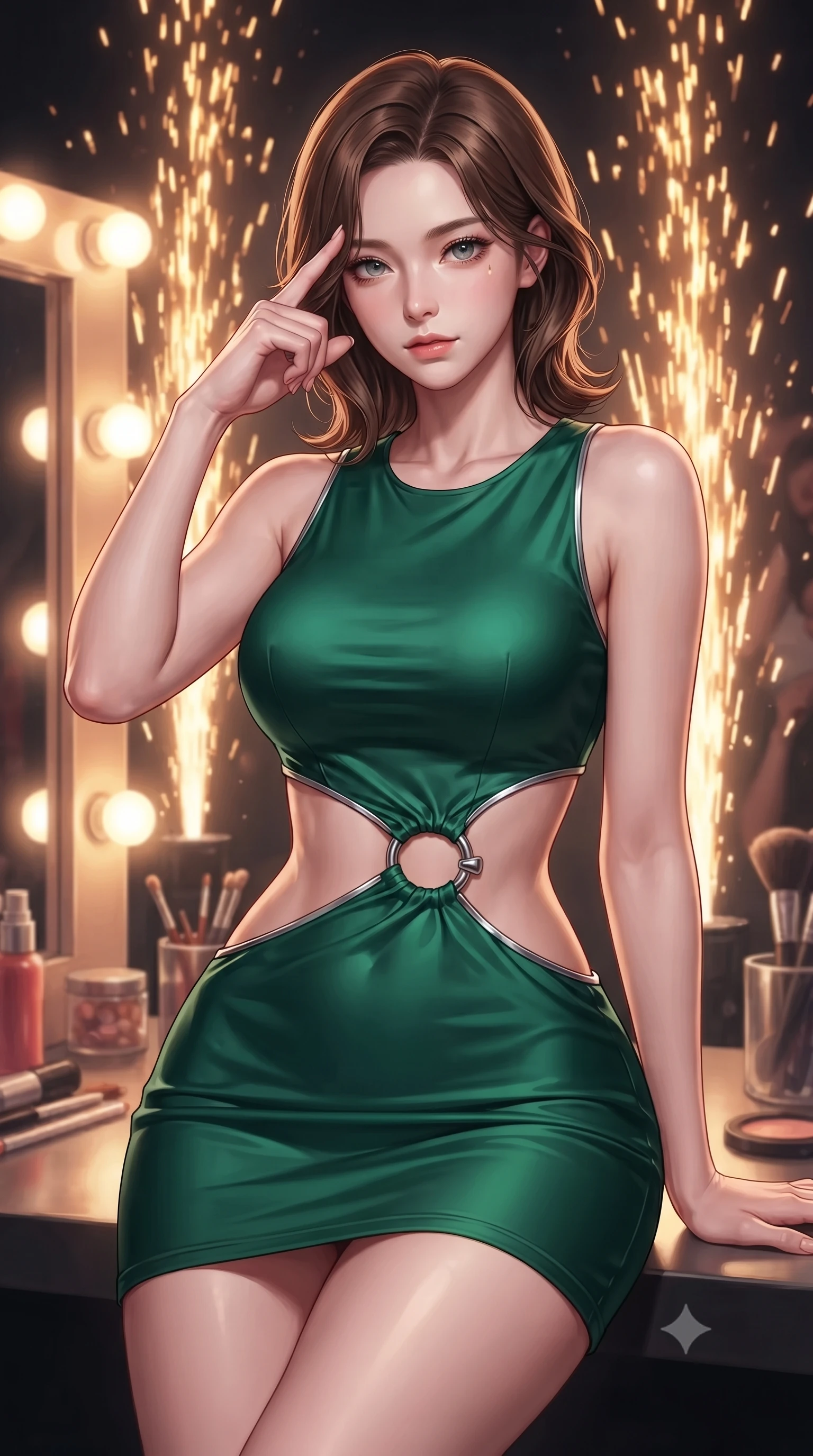 score_9, masterpiece, best quality, ultra-detailed, high-budget anime keyframe, editorial fashion photography, tasteful artistic composition, Korean woman. close-up cowboy shot from the waist and thighs up, the character dominates the composition, filling the frame with her large presence, background elements kept in soft focus. Pressing two fingers to her temple in a composed thoughtful gesture with an air of magnetic charisma resting backstage near a glowing mirror vanity filled with stage lights, golden pyrotechnic sparks falling like a waterfall behind her silhouette. She has an exceptionally elegant, slender, and willowy female figure with an ultra-slim waist, a gracefully sculpted slender torso, and a refined silhouette. sharp v-shaped jawline, high-bridge nose, intricate jewel-like eyes with depth, thick eyelashes, glossy lips with a natural sheen. wearing a dramatic open-waist cutout mini dress framed by sculptural hardware in deep emerald green and silver accent, crafted from smooth liquid silk, accented with delicate chrome ring hardware framing her waist, the tailored fabric tightly following every curve of her athletic build. surrounded by an electric, high-energy performer aura. highly saturated vibrant anime colors, detailed shading with soft gradients, rich glossy textures, high-contrast stereoscopic depth, volumetric dynamic lighting, master piece, 9:16 ratio