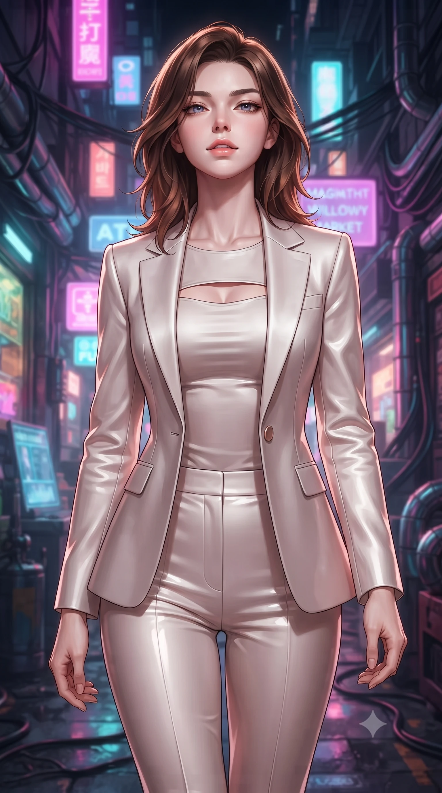 score_9, masterpiece, best quality, ultra-detailed, high-budget anime keyframe, editorial fashion photography, tasteful artistic composition, Korean woman. close-up cowboy shot from the waist and thighs up, the character dominates the composition, filling the frame with her large presence, background elements kept in soft focus. Tilting her chin up slightly with lips parted in a magnetic, composed expression walking through a futuristic night market overflowing with holographic stall signs, futuristic tactical cables and chrome pipes lining the dark city walls. She has an exceptionally elegant, slender, and willowy female figure with an ultra-slim waist, a gracefully sculpted slender torso, and a refined silhouette. sharp v-shaped jawline, high-bridge nose, intricate jewel-like eyes with depth, thick eyelashes, glossy lips with a natural sheen. wearing a tailored silk blazer over a form-contouring top and fitted slacks in pearl white and rose gold, tailored from high-gloss patent leather, accented with a Tasteful chest slit framing her clavicle gracefully, the tailored fabric tightly following every curve of her athletic build. surrounded by a high-energy futuristic nightlife atmosphere. highly saturated vibrant anime colors, detailed shading with soft gradients, rich glossy textures, high-contrast stereoscopic depth, volumetric dynamic lighting, master piece, 9:16 ratio