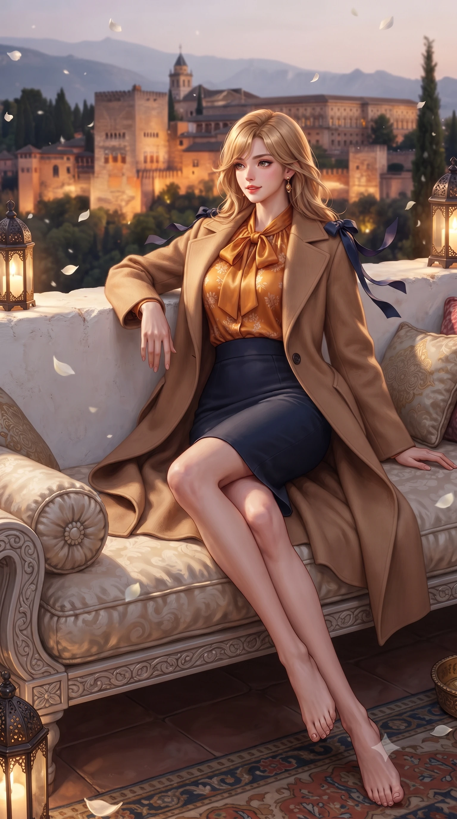 score_9, masterpiece, best quality, ultra-detailed, high-budget anime keyframe, editorial fashion photography, tasteful artistic composition, Korean woman. low angle full-body shot from head to toe showing her feet, filling the entire 9:16 vertical frame with her statuesque presence, stretching her vertical silhouette. lounging on the lavish daybed with legs crossed and hips angled toward the camera, displaying her toned midriff and long slender limbs with effortless siren poise while leaning against the whitewashed stucco parapet with hips cocked back, looking out over the illuminated red clay palaces of the Sabika hill with smoldering bedroom-eyes. The background shows a soft-focus swaying cypress silhouettes and white jasmine petals softened in romantic Andalusian hilltop shallow focus. She has an exceptionally tall and slender model-like 8.5-heads proportion, an ultra-slim waist, a flat toned midriff, narrow delicate ribcage, and beautifully sculpted feminine hips creating a graceful, slim hourglass silhouette without any bulky heaviness, with impossibly long slender legs. sharp v-shaped jawline, high-bridge nose, intricate jewel-like sparkling eyes with depth, thick eyelashes, glossy parted lips with a natural peach sheen, bright cheerful beaming smile with an enchanting and coquettish sensual glint, exuding both youthful cute charm and seductive allure, flawlessly proportioned anatomical accuracy, strict slender model proportions, natural body alignment, perfectly sculpted long slender limbs, ultra-slim waistline, clean dynamic posture without body distortion. wearing a tailored double-faced camel cashmere wrap coat draped over a silk georgette bow-tie blouse and pencil skirt in Seville orange blossom gold and midnight moorish indigo, crafted from bespoke double-faced cashmere with an exceptionally soft tactile finish, finished with satin ribbon ties at the shoulders fluttering in the gentle breeze, the impeccably tailored cut draping gracefully along her slender figure with aristocratic poise. bathed in the warm 2500K glow of outdoor wrought-iron lanterns mixed with golden Alhambra fortress floodlight wash. ultra-reflective glossy finish, specular highlights, rich textural contrasts, high-contrast stereoscopic depth, volumetric dynamic lighting, 2k, ultra detail, master piece, 9:16 ratio