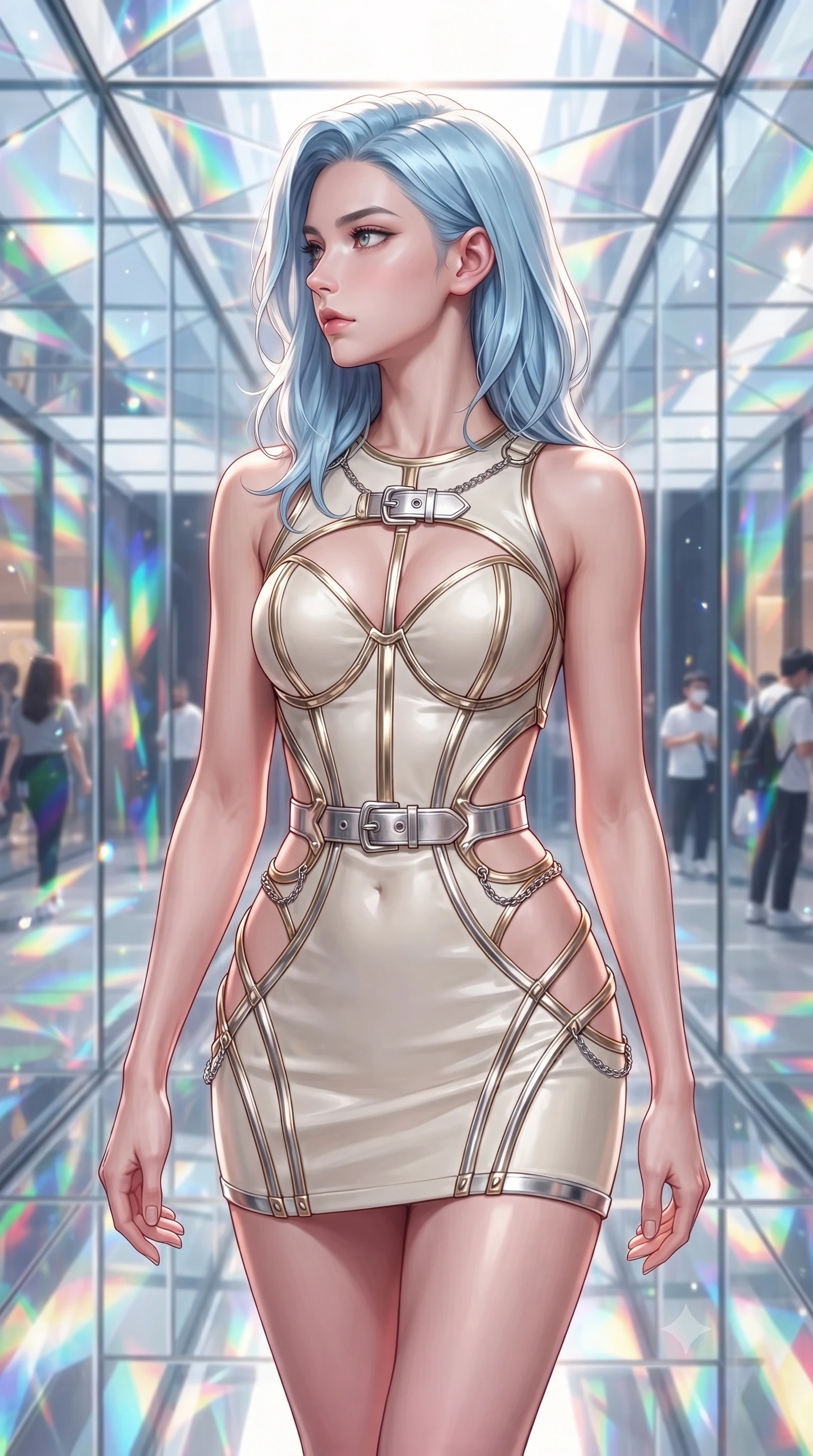 score_9, masterpiece, best quality, ultra-detailed, high-budget anime keyframe, editorial fashion photography, tasteful artistic composition, Korean woman. close-up cowboy shot from the waist and thighs up, the character dominates the composition, filling the frame with her large presence, background elements kept in soft focus. Turning her face in sharp dramatic profile against the radiant light, walking through a glass corridor surrounded by geometric rainbow light patterns, high-contrast stereoscopic depth with crystal reflection layers. She has an exceptionally elegant, slender, and willowy female figure with an ultra-slim waist, a gracefully sculpted slender torso, and a refined silhouette. sharp v-shaped jawline, high-bridge nose, intricate jewel-like eyes with depth, thick eyelashes, glossy lips with a natural sheen. wearing architectural cut-out pale pink leather mini dress with sculpted gold boning in metallic silver, made of polished ivory leather, framed by polished silver buckles and delicate chain details, sculpting her athletic slender build with refined precision. surrounded by a radiant kaleidoscope rim light aura. highly saturated vibrant anime colors, detailed shading with soft gradients, rich glossy textures, high-contrast stereoscopic depth, volumetric dynamic lighting, master piece, 9:16 ratio
