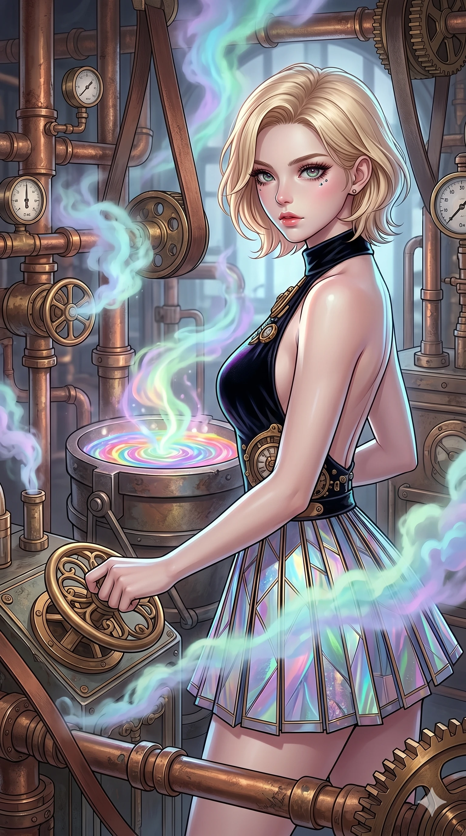score_9, masterpiece, best quality, ultra-detailed, high-budget anime keyframe, Korean woman. upper body close-up from the thighs up, character filling the screen for maximum presence. operating a steampunk aurora foundry surrounded by massive copper pipes and leather belts, where pastel aurora gas billows from valves and liquid rainbow energy boils in a crucible. She has an absolutely perfect 8-heads proportion, an exceptionally tall and slender female figure with impossibly long slender legs and an ultra-slim waist. V-shaped jawline, high-bridge nose, intricate jewel-like eyes with depth, thick eyelashes, glossy lips with a natural sheen.. wearing a fractal glass pleated skirt and a backless black velvet halter neck top, creating a dramatic and elegant silhouette. lit by a soft glowing ambient light and a sharp side key light that traces the sleek contours of her athletic build. 2k, ultra detail, master piece, 9:16 ratio