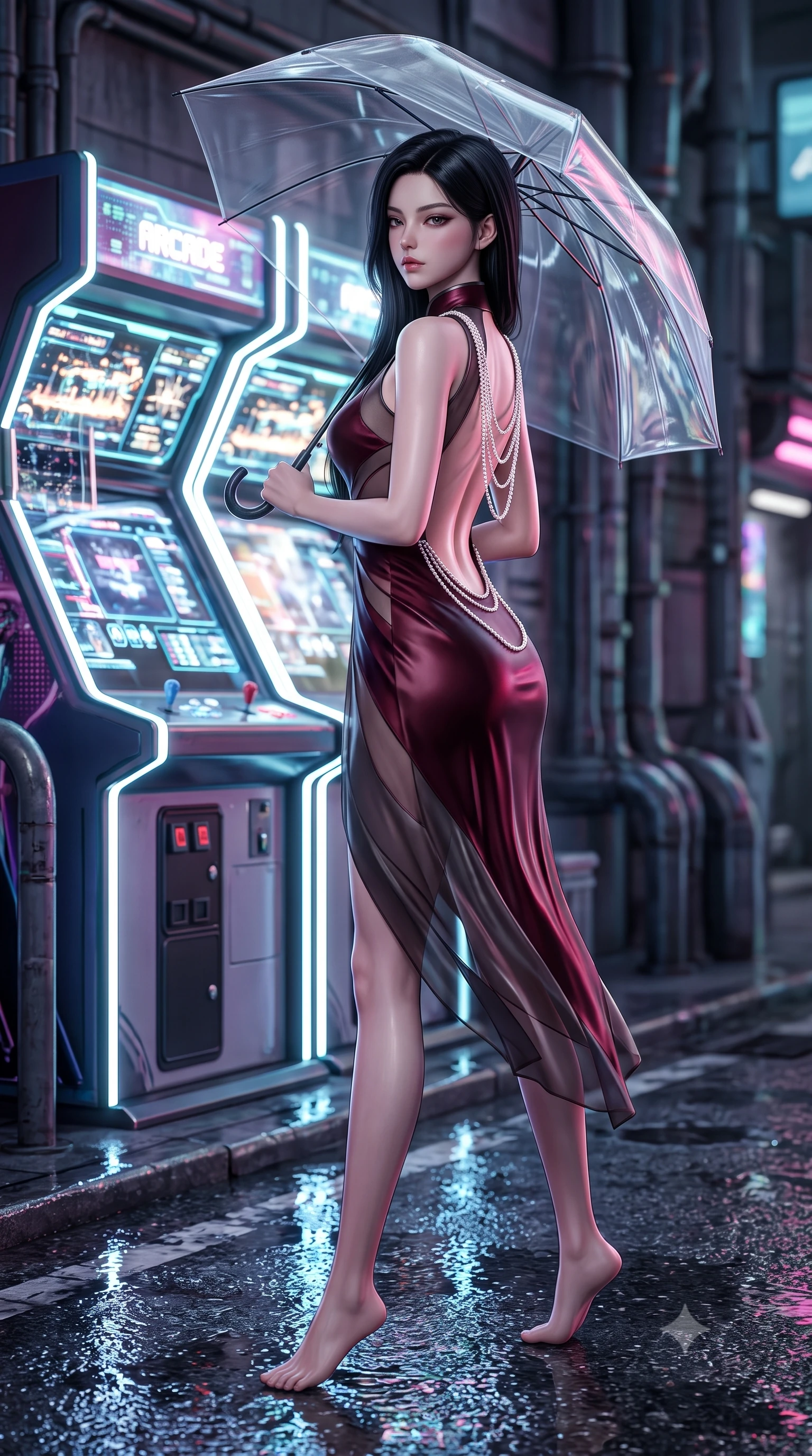score_9, masterpiece, best quality, ultra-detailed, high-budget anime keyframe, semi-realistic 3D game render, editorial fashion photography, tasteful artistic composition, Korean woman. low angle full-body shot from head to toe showing her feet, filling the entire 9:16 vertical frame with her statuesque presence, stretching her vertical silhouette. striding forward in a proud supermodel runway stride, hips swaying in an alluring kinetic rhythm that accentuates her curvy hourglass silhouette while leaning back against an illuminated holographic arcade kiosk with hips cocked, casting a smoky, dangerous bedroom-gaze from beneath a transparent vinyl umbrella. The composition keeps background elements in soft focus with creamy bokeh. cybernetic utility pipes and wet asphalt puddles softened in moody cyberpunk shallow focus. She has an exceptionally tall and slender model-like 8.5-heads proportion, an ultra-slim waist, a flat toned midriff, narrow delicate ribcage, and beautifully sculpted feminine hips creating a graceful, slim hourglass silhouette without any bulky heaviness, with impossibly long slender legs. sharp v-shaped jawline, high-bridge nose, intricate jewel-like eyes with depth, thick eyelashes, glossy parted lips with a natural sheen, intensely captivating and seductive bedroom-eyes expression, flawlessly proportioned anatomical accuracy, strict slender model proportions, natural body alignment, perfectly sculpted long slender limbs, ultra-slim waistline, clean dynamic posture without body distortion. wearing a wet-look silk fusion wrap dress with asymmetrical sheer mesh cutouts and high Mandarin collar in deep wine burgundy and brushed dark platinum, woven from layered gossamer chiffon with a weightless sweeping drape, accented with a multi-strand pearl back necklace cascading down her bare spine to her hips, the dramatically scooped open back descending to the base of her spine, accentuating her razor-sharp statuesque lines and slim hourglass silhouette. illuminated by shimmering wet ground specular reflections accentuating her sculpted midriff, narrow waist, and curvy hips. highly saturated vibrant anime colors, detailed shading with soft gradients, rich glossy textures, high-contrast stereoscopic depth, volumetric dynamic lighting, master piece, 9:16 ratio