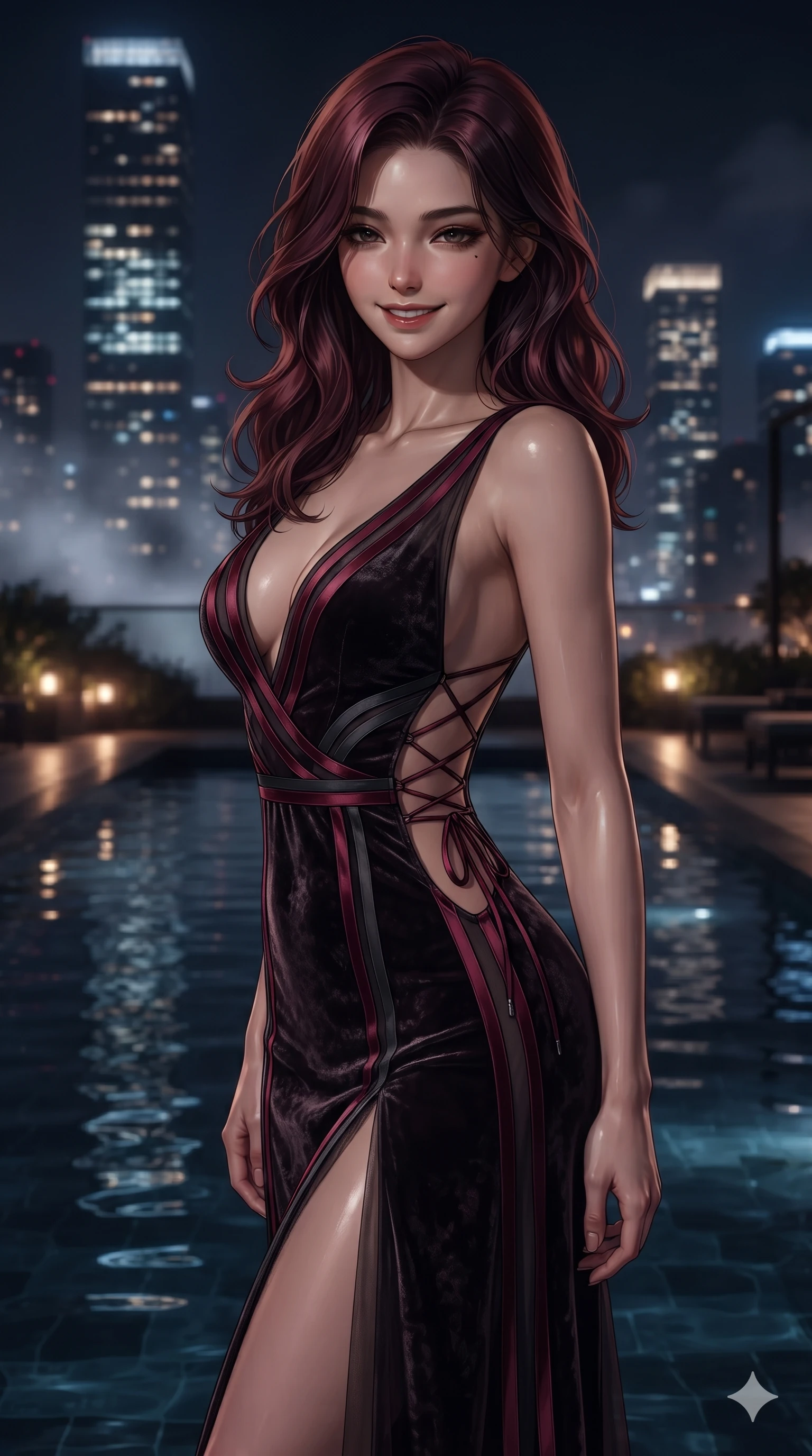 score_9, masterpiece, best quality, ultra-detailed, high-budget anime keyframe, editorial fashion photography, tasteful artistic composition, Caucasian woman. close-up cowboy shot from the waist and thighs up, the character dominates the composition, filling the frame with her large presence. smiling with quiet, magnetic self-assurance directly into the camera with heavy-lidded sparkling eyes while twisting her slender torso in an alluring S-curve at the water's edge, dark rippling reflections of illuminated towers tracing her hourglass curves. The background shows a soft-focus distant glittering high-rise skyscrapers, drifting cool rooftop mist, and glass terrace parapets blurred into topaz, cobalt, and obsidian bokeh. She has an exceptionally elegant, slender, and willowy female figure with an ultra-slim waist, flat toned midriff, narrow ribcage, and sculpted feminine hips creating an alluring, slim hourglass silhouette without bulk. sharp v-shaped jawline, high-bridge nose, intricate jewel-like dark sparkling eyes with hypnotic seductive depth, thick curled eyelashes, glossy parted lips with a natural wine sheen, alluring bedroom-eyes with an enigmatic smoldering smile, exuding magnetic sovereign charisma and dark avant-garde glamour, flawlessly proportioned anatomical accuracy, strict slender model proportions, natural body alignment, perfectly sculpted long slender limbs, ultra-slim waistline, clean dynamic posture without body distortion. wearing a plunge-front sheer illusion tulle slip dress with liquid platinum ribbon stripes hugging her curves in deep crimson burgundy and matte charcoal, tailored from crushed dark velvet with deep light-absorbing plush texture, featuring fine criss-cross lace-up side ties revealing tantalizing glimpses of her hip curve, the precision-cut side openings and low-back scoop framing her graceful spine and the sensual sweep of her slim, toned hips. illuminated by low warm amber garden lights and distant city skyglow reflecting off still pool waters. ultra-reflective glossy finish, specular highlights, metallic sheen, high-contrast stereoscopic depth, volumetric dynamic lighting, 2k, ultra detail, master piece, 9:16 ratio