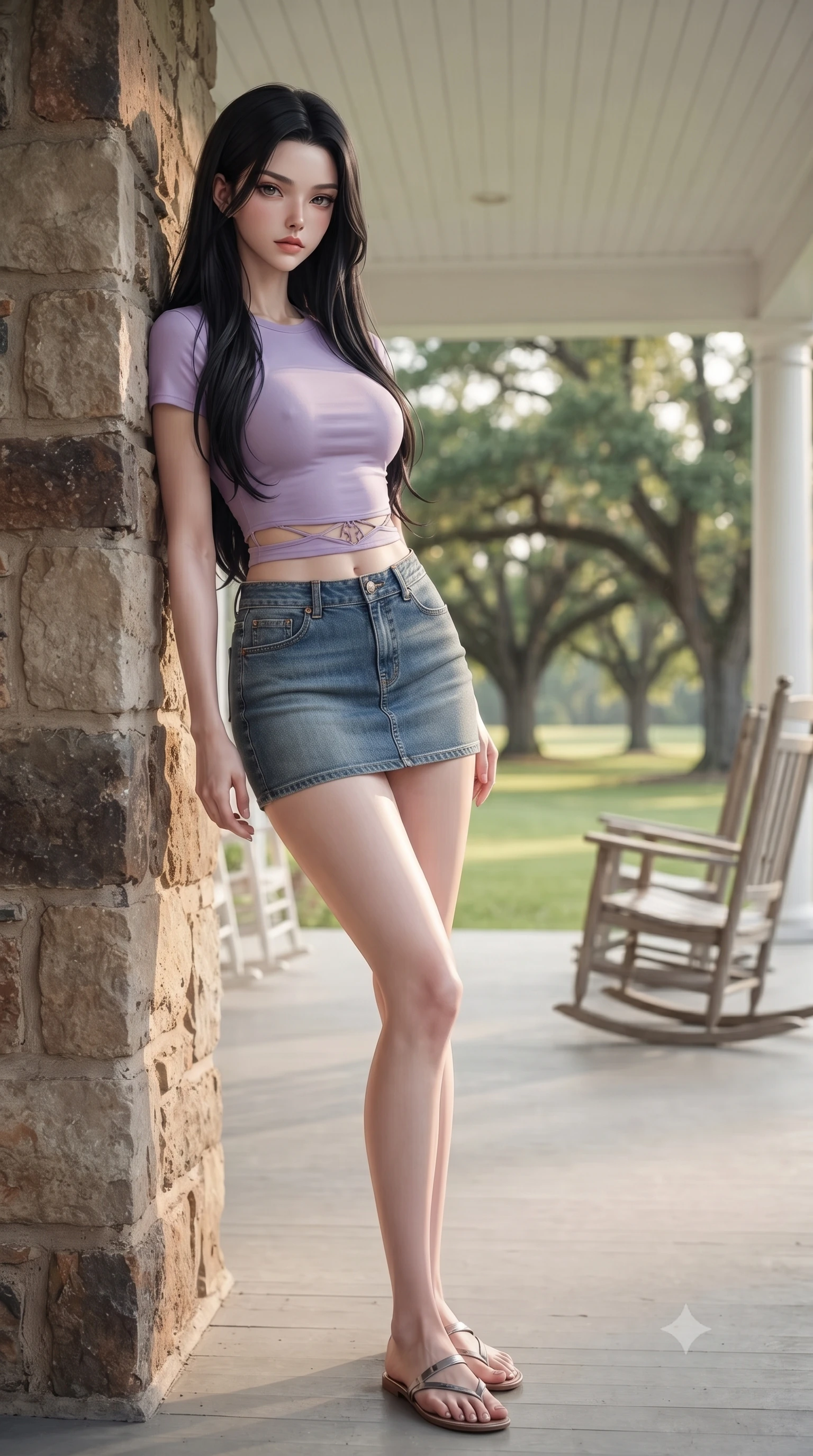 score_9, masterpiece, best quality, ultra-detailed, high-budget anime keyframe, editorial fashion photography, tasteful artistic composition, Korean woman woman. low angle full-body shot from head to toe showing her feet, filling the entire 9:16 vertical frame with her statuesque presence, stretching her vertical silhouette. leaning back against a rustic stone wall, casting a slow, alluring gaze at the camera the background shows a soft-focus a wide white veranda with rocking chairs, overlooking a large green lawn with oak trees. She has an absolutely perfect, statuesque 8.5-heads proportion, an exceptionally tall and slender model-like female figure with impossibly long slender legs and an ultra-slim waist. sharp v-shaped jawline, high-bridge nose, intricate jewel-like eyes with depth, thick eyelashes, glossy lips with a natural sheen. wearing a form-contouring modern crop top in lavender cotton paired with a low-rise denim skirt and a subtle waist cut-out. soft late afternoon sunbeams casting a nostalgic, peaceful glow. ultra-reflective glossy finish, specular highlights, metallic sheen, high-contrast stereoscopic depth, volumetric dynamic lighting, 2k, ultra detail, master piece, 9:16 ratio