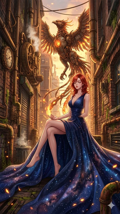 score_9, masterpiece, best quality, ultra-detailed, Set A: High-budget Anime Keyframe, Korean woman. Low angle cowboy shot filling the entire 9:16 frame with her statuesque presence. Theme: Urban Decay. meditating in a steampunk London alleyway, whil