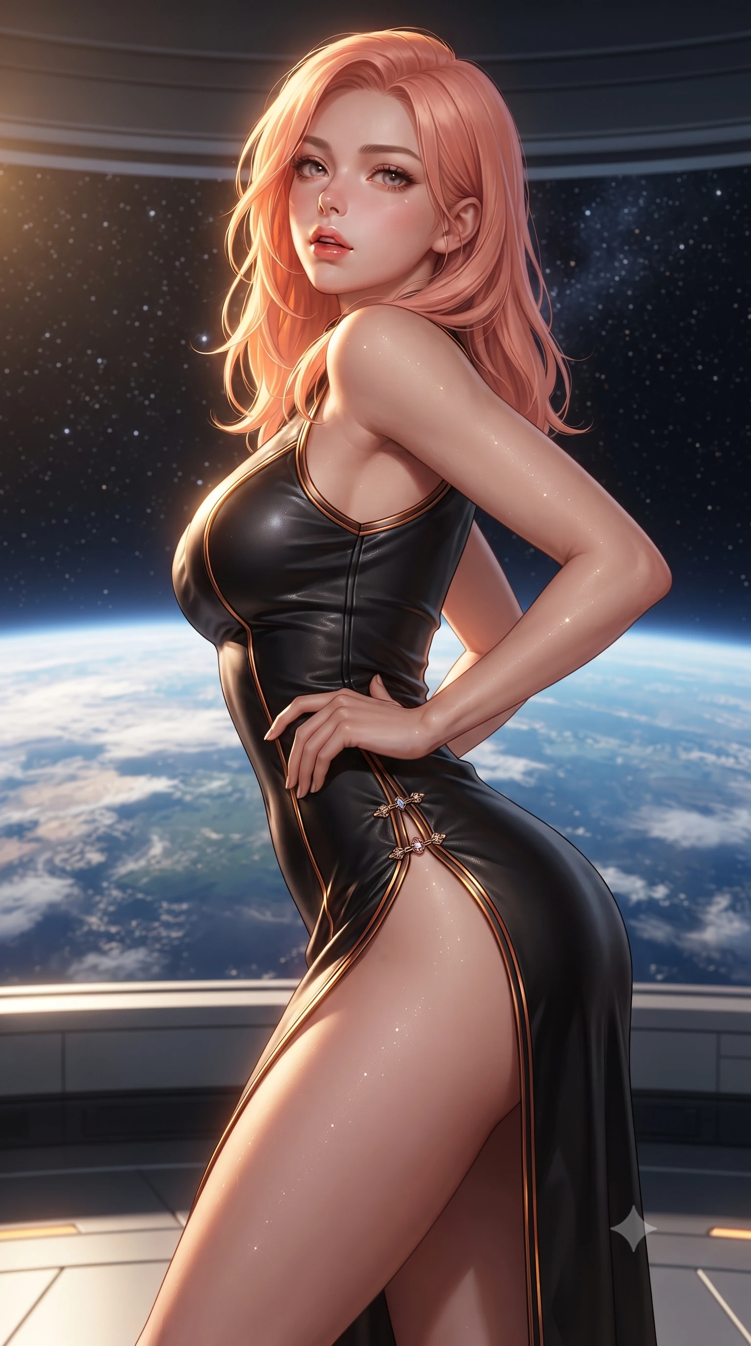 score_9, masterpiece, best quality, ultra-detailed, high-budget anime keyframe, editorial fashion photography, tasteful artistic composition, Japanese woman. close-up cowboy shot from the waist and thighs up, the character dominates the composition, filling the frame with her large presence. posing in an alluring rear three-quarter angle, arching her lower back in a pronounced S-curve with one hand on her hip, glancing seductively over her bare shoulder with parted glossy lips while standing poised on the high-orbit observation promenade, turning in an elegant dancer S-curve as solar corona radiation paints golden highlights along her silhouette. The surrounding environment is rendered in vivid detail and crisp panoramic clarity. detailed metallic gown texture, starlight glints on skin, and cosmic vacuum clarity in high resolution. She has an exceptionally elegant, slender, and willowy female figure with an ultra-slim waist, flat toned midriff, narrow ribcage, and sculpted feminine hips creating an alluring, slim hourglass silhouette without bulk. sharp v-shaped jawline, high-bridge nose, intricate jewel-like eyes with depth, thick eyelashes, glossy parted lips with a natural sheen, intensely captivating and seductive bedroom-eyes expression, flawlessly proportioned anatomical accuracy, strict slender model proportions, natural body alignment, perfectly sculpted long slender limbs, ultra-slim waistline, clean dynamic posture without body distortion. wearing a modernized cyber-qipao mini dress with an ultra-high side slit ascending to the hip and glowing piping in rich copper bronze and warm amber, formed from supple second-skin lambskin leather with specular sheen, finished with an ultra-high side slit secured by miniature jeweled clasps, the liquid-tight tailored fabric clinging flawlessly to her narrow waist and rounded feminine hips, emphasizing every millimeter of her sculpted slim hourglass curves without any bulky heaviness. bathed in glorious molten golden solar radiation backlighting filtered through high-tech polarized glass. ultra-reflective glossy finish, specular highlights, rich textural contrasts, high-contrast stereoscopic depth, volumetric dynamic lighting, 2k, ultra detail, master piece, 9:16 ratio