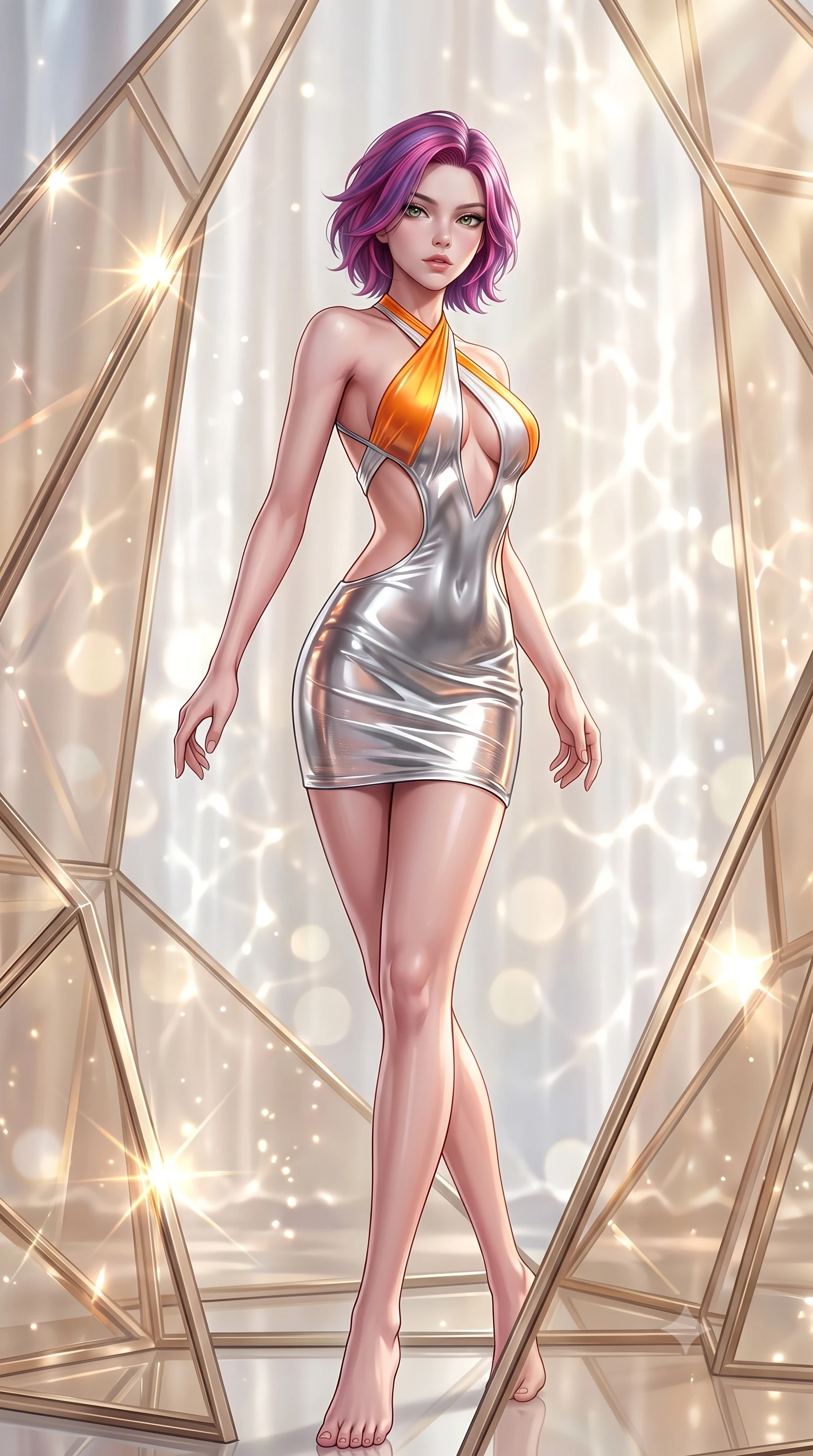 score_9, masterpiece, best quality, ultra-detailed, high-budget anime keyframe, semi-realistic 3D game render, editorial fashion photography, tasteful artistic composition, Caucasian woman. low angle full-body shot from head to toe showing her feet, filling the entire 9:16 vertical frame with her statuesque presence, stretching her vertical silhouette. pivoting dynamically in mid-motion with a breathtakingly alluring posture, displaying her flawless model proportions and ultra-slim waist while pivoting dynamically amidst geometric champagne-tinted glass panels reflecting sparkling sunbursts. The composition keeps background elements in soft focus with creamy bokeh. sparkling sunlight water caustics creating a soft, luminous light curtain in the background. She has an absolutely perfect, statuesque 8.5-heads proportion, an exceptionally tall and slender model-like female figure with impossibly long slender legs, a toned flat midriff, and an ultra-slim waist. sharp v-shaped jawline, high-bridge nose, intricate jewel-like eyes with depth, thick eyelashes, glossy lips with a natural sheen, flawlessly proportioned anatomical accuracy, strict slender model proportions, natural body alignment, perfectly sculpted long slender limbs, ultra-slim waistline, clean dynamic posture without body distortion. wearing a molten silver liquid-metal mini dress featuring deep side-waist cutouts and a daring crossover halter neckline in vivid sunset amber orange and cloud white, tailored from semi-translucent cybernetic vinyl with glowing micro-filaments, complemented by criss-cross back straps highlighting her completely bare spine, the liquid-tight tailored fabric emphasizing every curve of her tall, slender model proportions and sculptured silhouette during dynamic movement. surrounded by an opulent, luminous, and enchantingly seductive contemporary pavilion ambiance. highly saturated vibrant anime colors, detailed shading with soft gradients, rich glossy textures, high-contrast stereoscopic depth, volumetric dynamic lighting, master piece, 9:16 ratio