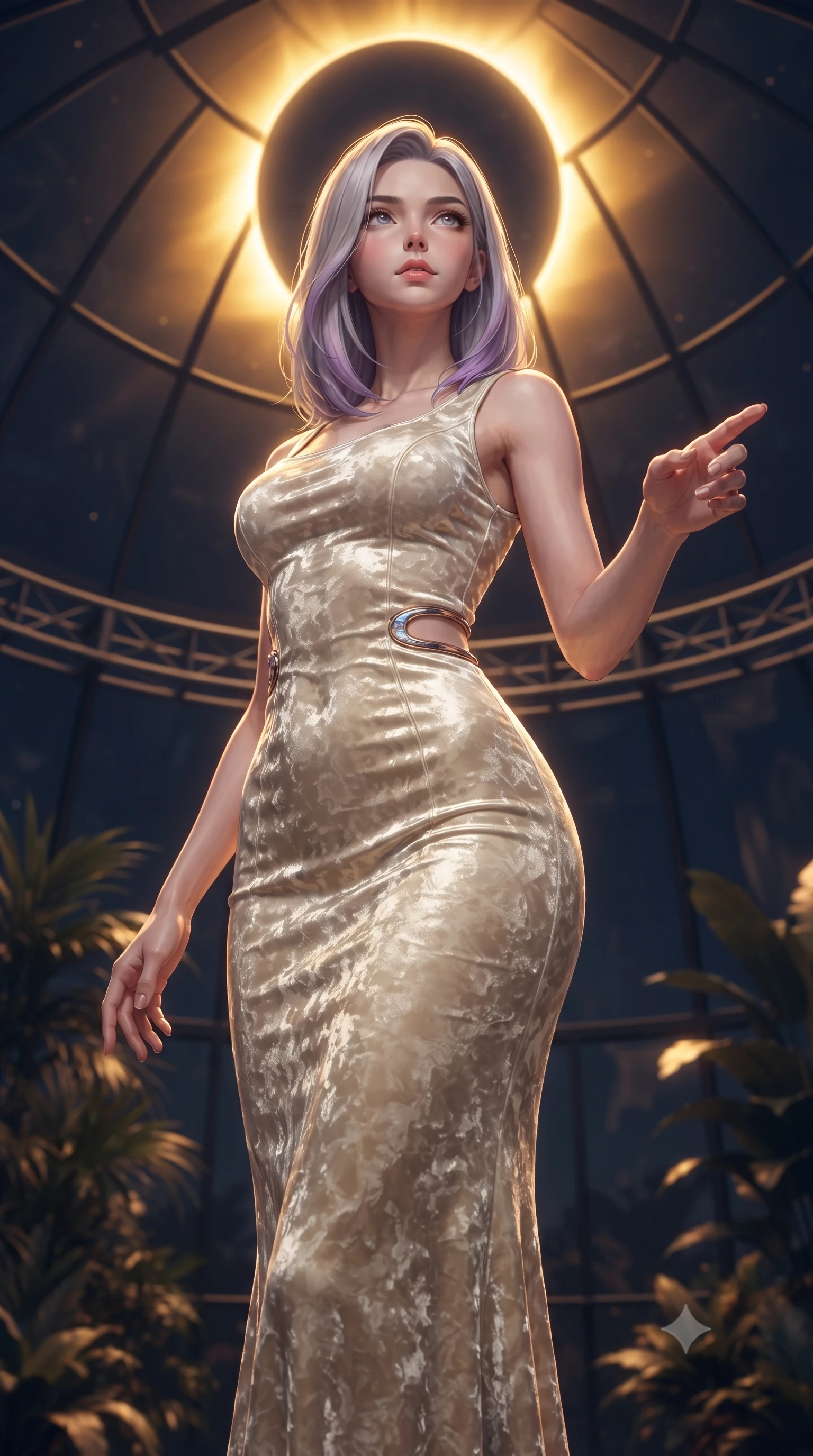 score_9, masterpiece, best quality, ultra-detailed, high-budget anime keyframe, editorial fashion photography, tasteful artistic composition, Caucasian woman. close-up cowboy shot from the waist and thighs up, the character dominates the composition, filling the frame with her large presence, background elements kept in soft focus. Reaching one hand toward the viewer with relaxed elegance, inside a dome solarium looking up at a total solar eclipse with a glowing golden corona, high-contrast golden-on-dark lighting emphasizing her vertical pose. She has an exceptionally elegant, slender, and willowy female figure with an ultra-slim waist, a gracefully sculpted slender torso, and a refined silhouette. sharp v-shaped jawline, high-bridge nose, intricate jewel-like eyes with depth, thick eyelashes, glossy lips with a natural sheen. wearing sculpted form-fitting crushed white velvet column gown in champagne gold, made of crushed white silk velvet, accented with sculpted opal chrome rings at the waist, following her slender form with tailored precision. bathed in warm amber solar light and high-contrast navy shadows. highly saturated vibrant anime colors, detailed shading with soft gradients, rich glossy textures, high-contrast stereoscopic depth, volumetric dynamic lighting, master piece, 9:16 ratio
