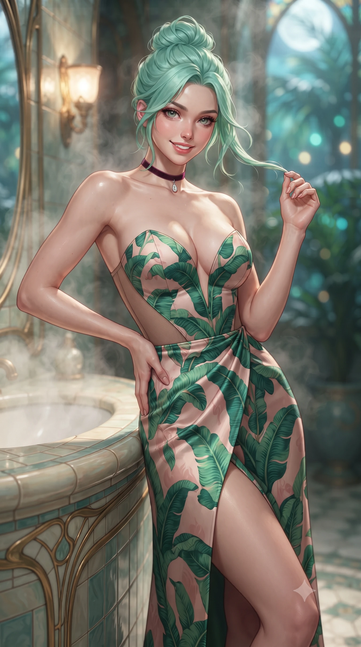 score_9, masterpiece, best quality, ultra-detailed, high-budget anime keyframe, editorial fashion photography, tasteful artistic composition, Japanese woman. close-up cowboy shot from the waist and thighs up, the character dominates the composition, filling the frame with her large presence. twisting her slender torso in an alluring contrapposto stance, one hand resting on her sculpted hip while her fingers toy with her hair with effortless poise while leaning against the curving ceramic-tiled vanity with hips cocked back, looking through rising mineral steam with intoxicating bedroom-eyes. The background shows a soft-focus steaming bathwater surface caustics, sinuous gilded Art Nouveau whiplash curves on tiled walls, and moonlit greenhouse palms blurred into turquoise, gold, and jade bokeh. She has an exceptionally elegant, slender, and willowy female figure with an ultra-slim waist, flat toned midriff, narrow ribcage, and sculpted feminine hips creating an alluring, slim hourglass silhouette without bulk. sharp v-shaped jawline, high-bridge nose, intricate jewel-like sparkling eyes with depth, thick eyelashes, glossy parted lips with a natural peach sheen, bright cheerful beaming smile with an enchanting and coquettish sensual glint, exuding both youthful cute charm and seductive allure, flawlessly proportioned anatomical accuracy, strict slender model proportions, natural body alignment, perfectly sculpted long slender limbs, ultra-slim waistline, clean dynamic posture without body distortion. wearing an alluring plunging sweetheart bustier dress with sheer mesh side-waist cutouts contouring her ribs in Beverly Hills vintage banana-leaf emerald and blush pink, crafted from bespoke double-faced cashmere with an exceptionally soft tactile finish, finished with a thin velvet ribbon choker and a single teardrop diamond pendant, the high-slit wrap tailoring accentuating her ultra-slim waistline and the enchanting curve of her feminine hips with alluring seductive charm. bathed in underwater pool turquoise LEDs combined with warm 2500K sconce glows and moonbeams through stained glass. ultra-reflective glossy finish, specular highlights, rich textural contrasts, high-contrast stereoscopic depth, volumetric dynamic lighting, 2k, ultra detail, master piece, 9:16 ratio