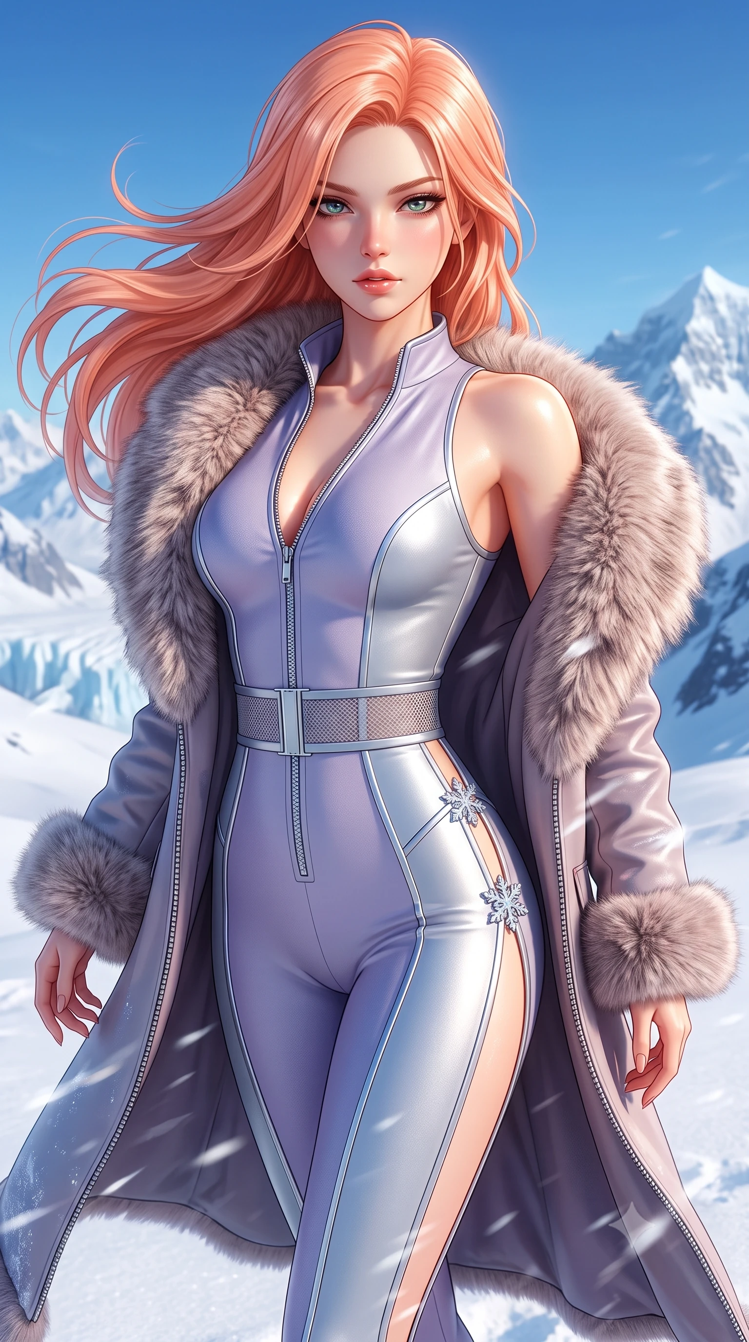 score_9, masterpiece, best quality, ultra-detailed, high-budget anime keyframe, semi-realistic 3D game render, editorial fashion photography, tasteful artistic composition, Japanese woman. close-up cowboy shot from the waist and thighs up, the character dominates the composition, filling the frame with her large presence. leaning back with relaxed seductive grace, her sculpted collarbones highlighted by light, casting smoldering bedroom-eyes directly into the lens while striding through the fresh powder snow with sovereign elegance, arching her back as mountain winds flutter her open coat. The surrounding environment is rendered in vivid detail and crisp panoramic clarity. detailed fur stole fibers, metallic zipper reflections, and distant alpine glacier ridges in high clarity. She has an exceptionally elegant, slender, and willowy female figure with an ultra-slim waist, a gracefully sculpted slender torso, toned flat midriff, and a refined slim silhouette. sharp v-shaped jawline, high-bridge nose, intricate jewel-like eyes with depth, thick eyelashes, glossy parted lips with a natural sheen, intensely captivating and seductive expression, flawlessly proportioned anatomical accuracy, strict slender model proportions, natural body alignment, perfectly sculpted long slender limbs, ultra-slim waistline, clean dynamic posture without body distortion. wearing a form-fitting thermal catsuit with reflective silver piping and an ultra-flattering waist-cinching belt in frosted lavender mist and metallic silver, made of thermal technical mesh with sheer ventilation panels, accented with an ultra-high side slit secured by crystal snowflake clasps, the precision-cut daring openings accentuating her delicate midriff, graceful bare collarbones, and ultra-slim feminine waistline. illuminated by bright specular snow reflections tracing her sculpted collarbones, waist, and long limbs. highly saturated vibrant anime colors, detailed shading with soft gradients, rich glossy textures, high-contrast stereoscopic depth, volumetric dynamic lighting, master piece, 9:16 ratio