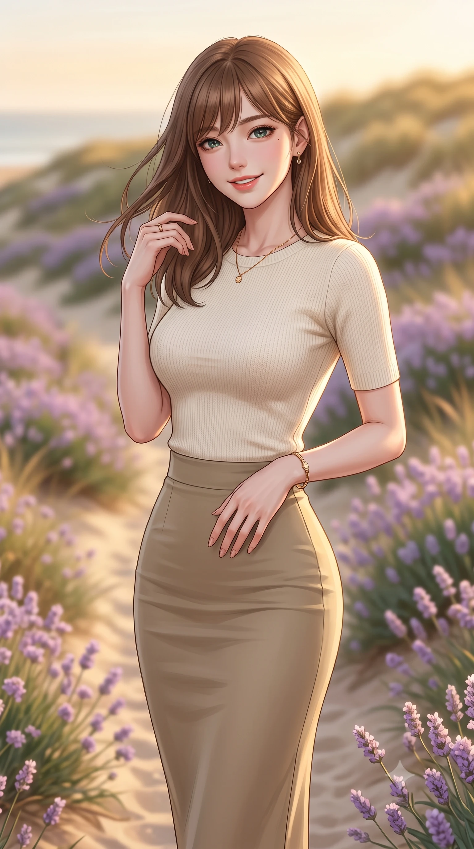 score_9, masterpiece, best quality, ultra-detailed, high-budget anime keyframe, editorial fashion photography, tasteful artistic composition, Korean woman woman. close-up cowboy shot from the waist and thighs up, the character dominates the composition, filling the frame with her large presence, background elements kept in soft focus. tilting her head slightly with a gentle, friendly smile under the warm sun the background shows a soft-focus a narrow sandy path winding through coastal dunes and blooming sea lavender. She has an exceptionally elegant, slender, and willowy female figure with an ultra-slim waist, a gracefully sculpted slender torso, and a refined silhouette. sharp v-shaped jawline, high-bridge nose, intricate jewel-like eyes with depth, thick eyelashes, glossy lips with a natural sheen. wearing a slim-fit body-hugging knit top in cream paired with a form-fitting khaki pencil skirt. warm golden afternoon sunlight bathing the landscape in a soft glow. 2k, ultra detail, master piece, 9:16 ratio