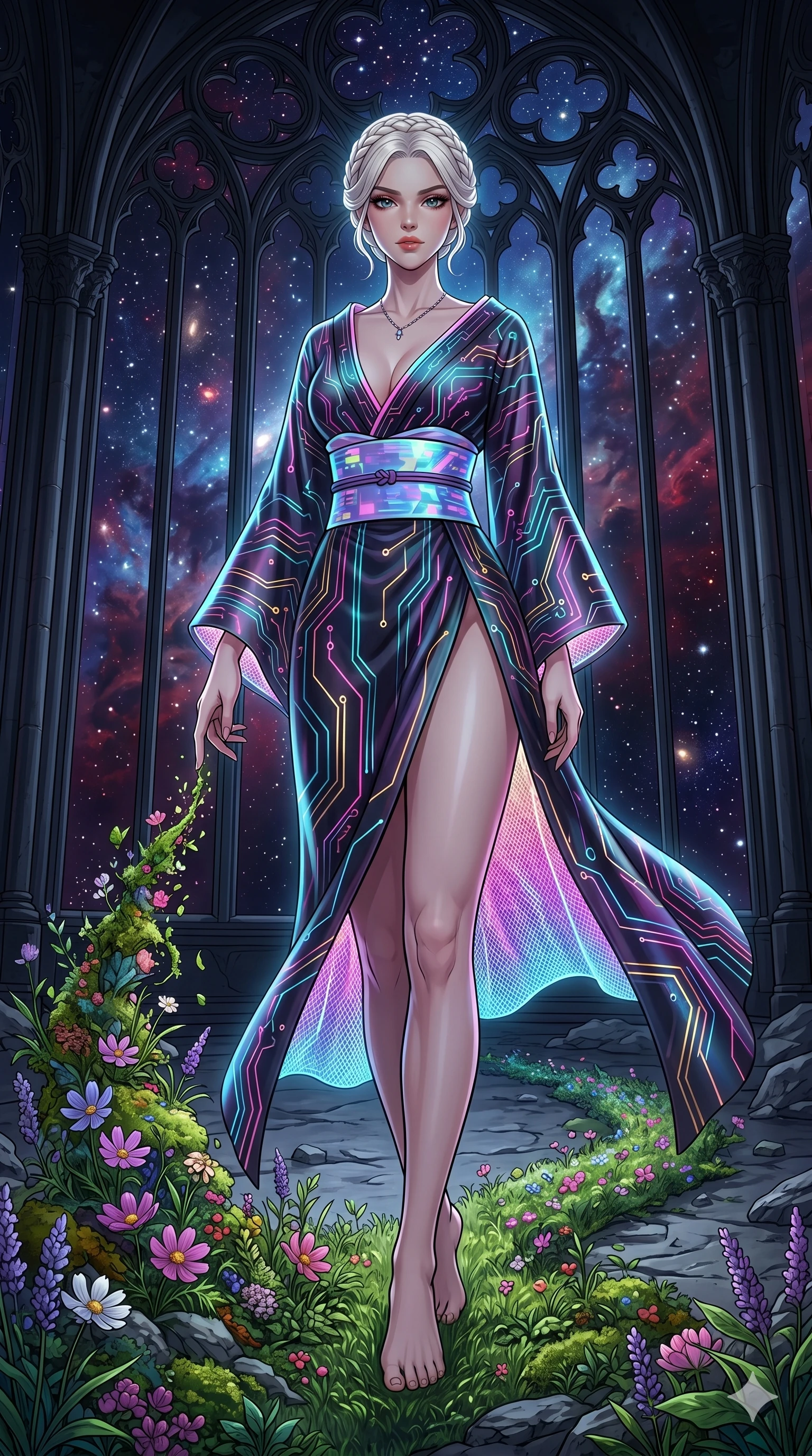score_9, masterpiece, best quality, ultra-detailed, High-budget Anime Keyframe, vibrant colors, fluid line-art, expressive lighting, cinematic composition, Ufotable-style visual effects, top-tier animation quality, Caucasian woman with pale skin, blonde hair, and (strictly human ears). Cinematic low angle perspective showcasing her towering height and perfect 8-heads proportion. Restoring life to a barren, dead planet with a single touch, greenery and flowers erupting from her footsteps. She has an absolutely perfect 8-heads proportion, an exceptionally tall and slender female figure with impossibly long slender legs and an ultra-slim waist, her statuesque height and towering silhouette dominating the vertical 9:16 frame. Her face is a masterpiece featuring a sharp v-shaped jawline, high-bridge nose, intricate jewel-like eyes with depth, thick eyelashes, and glossy lips with a natural sheen. She is wearing a High-slit tech-kimono with holographic obi and integrated neon-lit circuitry patterns crafted from Fluorescent mesh that glows brightly under neon light, highlighting her silhouette, unzipped deeply to reveal a daring glimpse of her chest and a high-cut leg line. The scene is set in a majestic gothic cathedral in deep space with massive windows overlooking a swirling nebula, illuminated by cinematic lighting with dramatic rim light that highlights her slender silhouette. 2k, ultra detail, master piece, 9:16 ratio