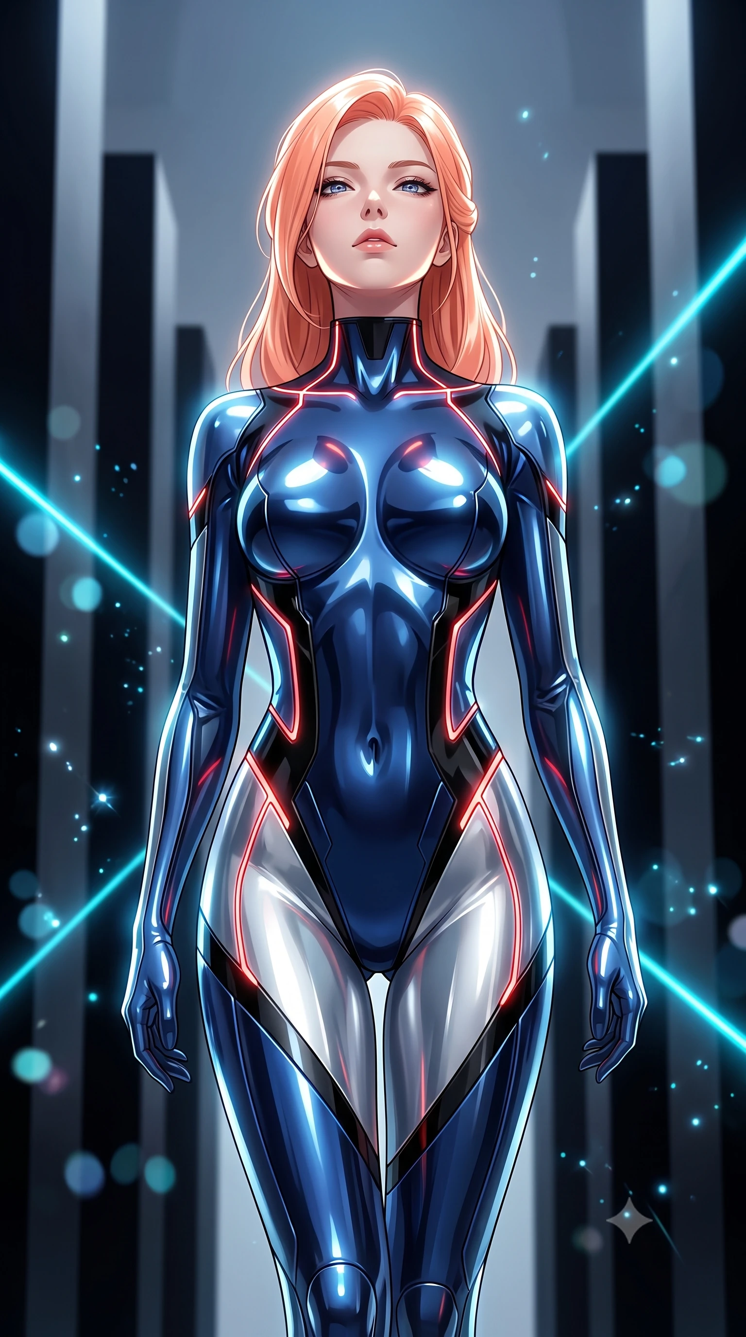 score_9, masterpiece, best quality, ultra-detailed, high-budget anime keyframe, editorial fashion photography, tasteful artistic composition, Japanese woman. close-up cowboy shot from the waist and thighs up, the character dominates the composition, filling the frame with her large presence. tilting her head back with serene regal elegance, her sharp jawline and sculpted collarbones highlighted by glowing neon halo reflections while striding commanding through a minimalist hall of towering black obsidian monoliths intersected by razor-sharp cyan laser beams. The composition keeps background elements in soft focus with creamy bokeh. sparkling laser light refractions on glass scattering radiant light motes across the background. She has an exceptionally elegant, slender, and willowy female figure with an ultra-slim waist, a gracefully sculpted slender torso, toned flat midriff, and a refined slim silhouette. sharp v-shaped jawline, high-bridge nose, intricate jewel-like eyes with depth, thick eyelashes, glossy lips with a natural sheen, flawlessly proportioned anatomical accuracy, strict slender model proportions, natural body alignment, perfectly sculpted long slender limbs, ultra-slim waistline, clean dynamic posture without body distortion. wearing a statuesque midnight cobalt and polished platinum bodysuit featuring sleek aerodynamic contour lines and glowing circuit accents in high-gloss obsidian black and burning laser crimson accents, crafted from ultra-reflective second-skin liquid metal with a mirror-like polish, accented with glowing fiber-optic seams tracing her collarbones and hip curves, the glove-like aerodynamic second-skin fit tightly clinging to her ultra-slender waist and athletic curves without adding bulk, accentuating her razor-sharp statuesque lines and slim hourglass silhouette. illuminated by crisp directional key light with sharp specular highlights tracing her slender curves. ultra-reflective glossy finish, specular highlights, dark metallic sheen, high-contrast stereoscopic depth, volumetric dynamic lighting, 2k, ultra detail, master piece, 9:16 ratio