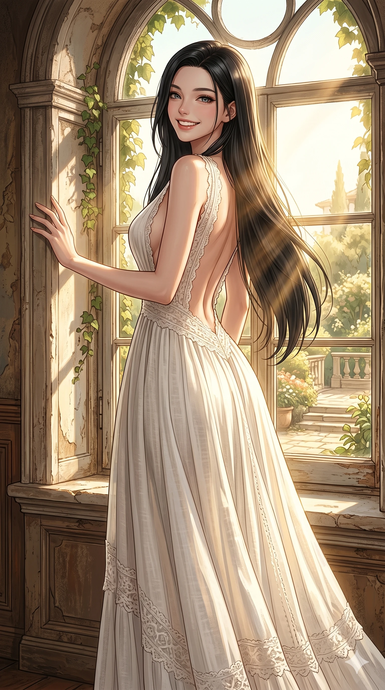 score_9, masterpiece, best quality, ultra-detailed, high-budget anime keyframe, editorial fashion photography, tasteful artistic composition, Korean woman. cowboy shot from the thighs up, character and outfit filling the frame for maximum editorial presence. turning around with a bright, happy smile, one hand resting on the window frame standing by a large arched window overlooking a sunny garden in an old villa. She has an absolutely perfect 8-heads proportion, an exceptionally tall and slender female figure with impossibly long slender legs and an ultra-slim waist. V-shaped jawline, high-bridge nose, intricate jewel-like eyes with depth, thick eyelashes, glossy lips with a natural sheen. wearing a lightweight white linen dress with a deep plunging V-neck and open back. drenched in direct, bright morning sunlight casting warm rays on her silhouette. 2k, ultra detail, master piece, 9:16 ratio