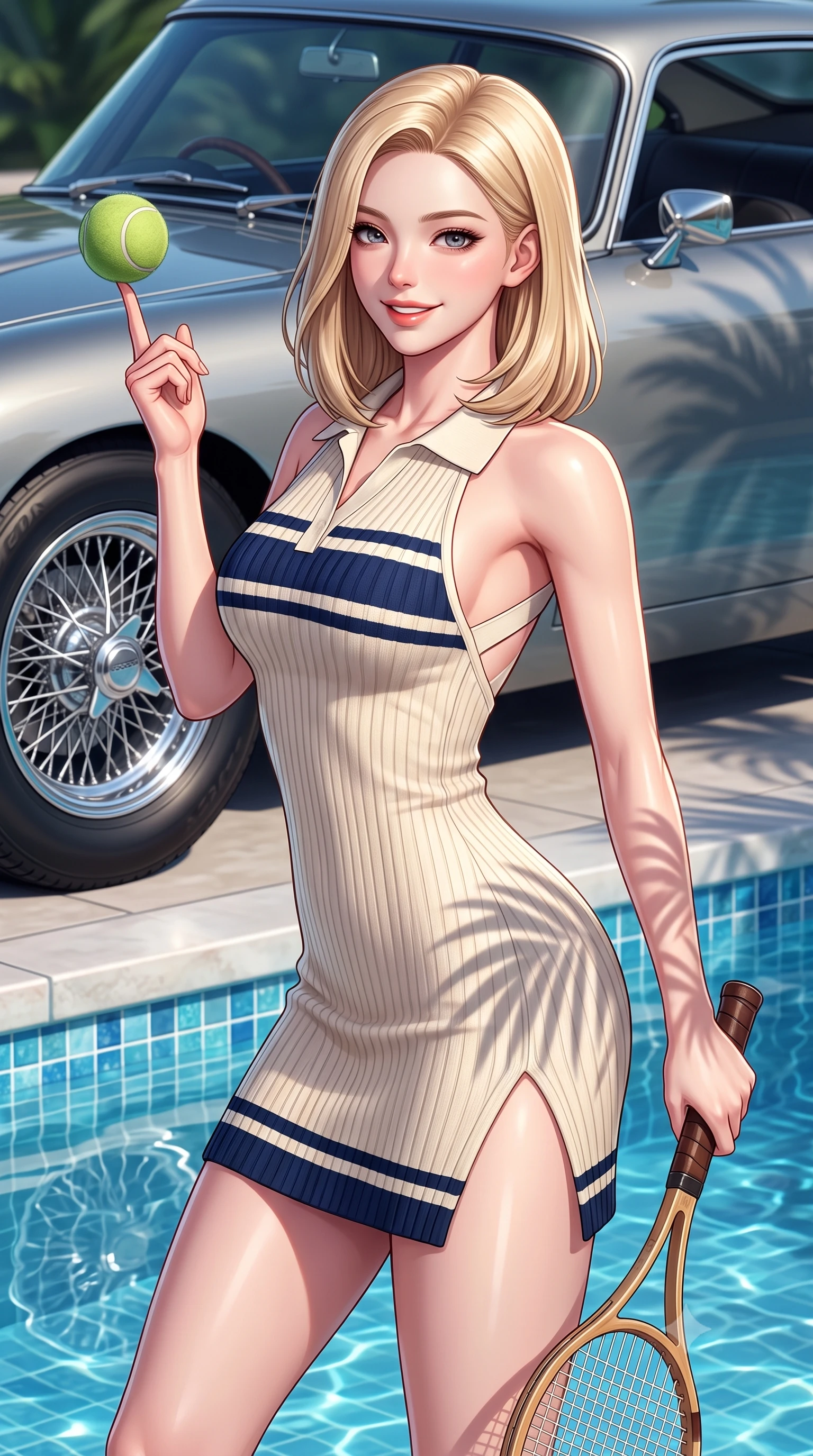 score_9, masterpiece, best quality, ultra-detailed, high-budget anime keyframe, semi-realistic 3D game render, editorial fashion photography, tasteful artistic composition, Korean woman. close-up cowboy shot from the waist and thighs up, the character dominates the composition, filling the frame with her large presence. playfully spinning a tennis ball on her fingertips, her radiant smile capturing fresh girlhood charm while her arched torso reveals an intoxicating hip contour while twisting her slender torso in an alluring contrapposto stance, holding a tennis racket while California palm shadows trace her curvy hips. The surrounding environment is rendered in vivid detail and crisp panoramic clarity: sharp Aston Martin wire wheel spoke clarity, polished chrome badge reliefs, and sparkling pool waterline tile in deep focus. She has an exceptionally elegant, slender, and willowy female figure with an ultra-slim waist, flat toned midriff, narrow ribcage, and sculpted feminine hips creating an alluring, slim hourglass silhouette without bulk. sharp v-shaped jawline, high-bridge nose, sparkling eyes with athletic focus and depth, thick curled eyelashes, glossy parted lips with a natural coral-peach sheen, bright confident and coquettish smile with alluring bedroom-eyes, exuding both youthful sporty vigor and sovereign high-society glamour, flawlessly proportioned anatomical accuracy, strict slender model proportions, natural body alignment, perfectly sculpted long slender limbs, ultra-slim waistline, clean dynamic posture without body distortion. wearing a retro-chic ribbed polo sweater dress with a high side thigh slit and form-fitting silhouette in retro tennis cream and navy blue stripes, tailored from ultra-soft fine cashmere yarn with an airy athletic drape, finished with criss-cross back athletic straps highlighting her graceful shoulder blades, the precision-cut side openings and low-back scoop framing her graceful spine and the sensual sweep of her slim, athletic hips. illuminated by water caustic bounce and sharp platinum rim lights defining her sculpted collarbones, ultra-slim waist, and curvy hips. highly saturated vibrant anime colors, detailed shading with soft gradients, rich glossy textures, high-contrast stereoscopic depth, volumetric dynamic lighting, master piece, 9:16 ratio