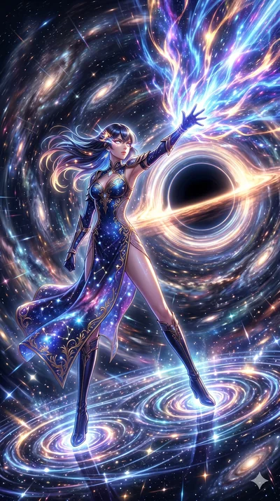 score_9, masterpiece, best quality, ultra-detailed, Set A: High-budget Anime Keyframe, Japanese woman. Low angle cowboy shot filling the entire 9:16 frame with her statuesque presence. Theme: Historical Remix. unleashing a massive energy wave in the 