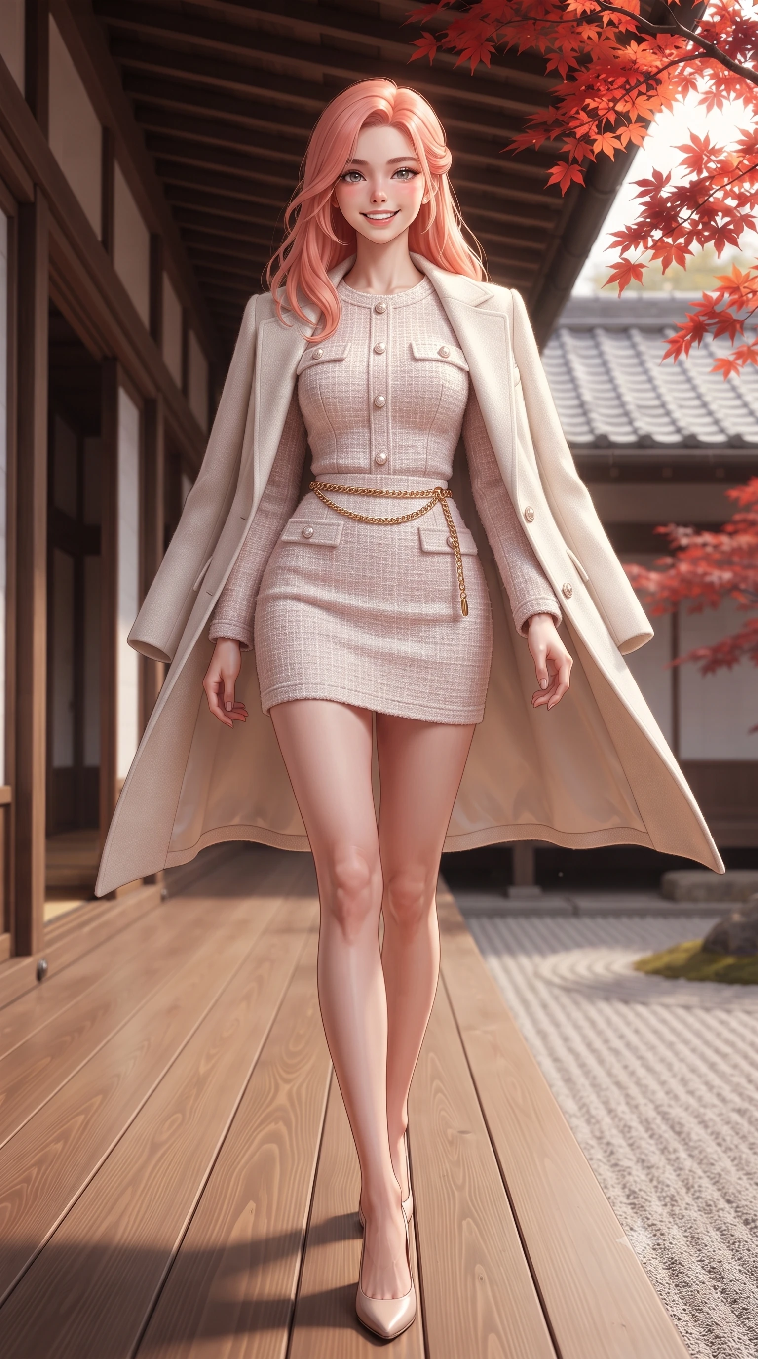 score_9, masterpiece, best quality, ultra-detailed, high-budget anime keyframe, editorial fashion photography, tasteful artistic composition, Japanese woman. low angle full-body shot from head to toe showing her feet, filling the entire 9:16 vertical frame with her statuesque presence, stretching her vertical silhouette. stepping forward in a confident stride, her long slender legs and curvaceous hips creating a dynamic, sweeping vertical line while walking along the exterior wooden gallery overlooking raked white gravel and flaming crimson maple leaves, her tailored coat flowing with poise. The surrounding environment is rendered in vivid detail and crisp panoramic clarity: sharp fine grain on polished hinoki cypress veranda planks, precise raked lines in granite sand, and maple leaf serrations in deep focus. She has an exceptionally tall and slender model-like 8.5-heads proportion, an ultra-slim waist, a flat toned midriff, narrow delicate ribcage, and beautifully sculpted feminine hips creating a graceful, slim hourglass silhouette without any bulky heaviness, with impossibly long slender legs. sharp v-shaped jawline, high-bridge nose, intricate jewel-like sparkling eyes with depth, thick eyelashes, glossy parted lips with a natural peach sheen, bright cheerful beaming smile with an enchanting and coquettish sensual glint, exuding both youthful cute charm and seductive allure, flawlessly proportioned anatomical accuracy, strict slender model proportions, natural body alignment, perfectly sculpted long slender limbs, ultra-slim waistline, clean dynamic posture without body distortion. wearing a form-contouring pastel bouclé tweed bodycon mini dress with structured waist darts and decorative pearl buttons in Swiss alpine snow white and oat cashmere, crafted from buttery-soft stretch lambskin leather adhering to her body like a second skin, finished with a sleek gold chain belt resting snugly across her narrow waist and curving hips, the body-conscious tailored knit hugging her sculpted torso and curvaceous hips in a seamless, fluid line that highlights her statuesque model proportions. illuminated by white gravel garden bounce and warm vermilion-gold rim lights defining her delicate features, jawline, and graceful silhouette. ultra-reflective glossy finish, specular highlights, rich textural contrasts, high-contrast stereoscopic depth, volumetric dynamic lighting, 2k, ultra detail, master piece, 9:16 ratio