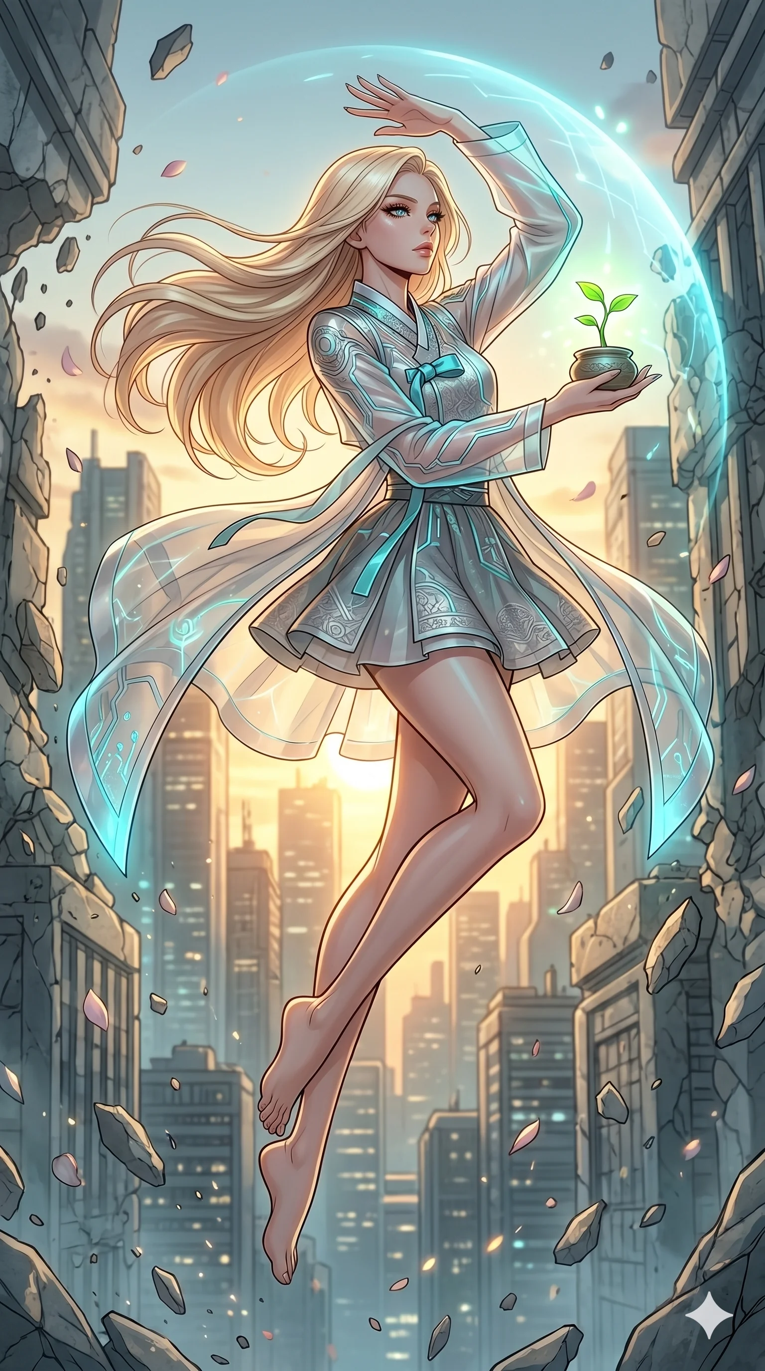 score_9, masterpiece, best quality, ultra-detailed, high-budget anime movie keyframe, cinematic anime lighting, intricate line art, Korean woman. Mid-air action shot capturing a graceful twist and vertical silhouette. shielding a small plant as the world around it turns to stone. She has an absolutely perfect 8-heads proportion, an exceptionally tall and slender female figure with an ultra-slim waist and impossibly long slender legs. strictly human anatomy, two legs only, no extra limbs, clearly defined legs and arms, perfect anatomy, perfect hands and fingers. sharp v-shaped jawline, high-bridge nose, intricate jewel-like eyes, thick eyelashes, glossy lips. Wearing Modern Traditional: Shortened cyber-hanbok with fusion silk robes and transparent panels. The scene is illuminated by dramatic atmospheric lighting and vibrant color palettes. , 2k, ultra detail, master piece, 9:16 ratio