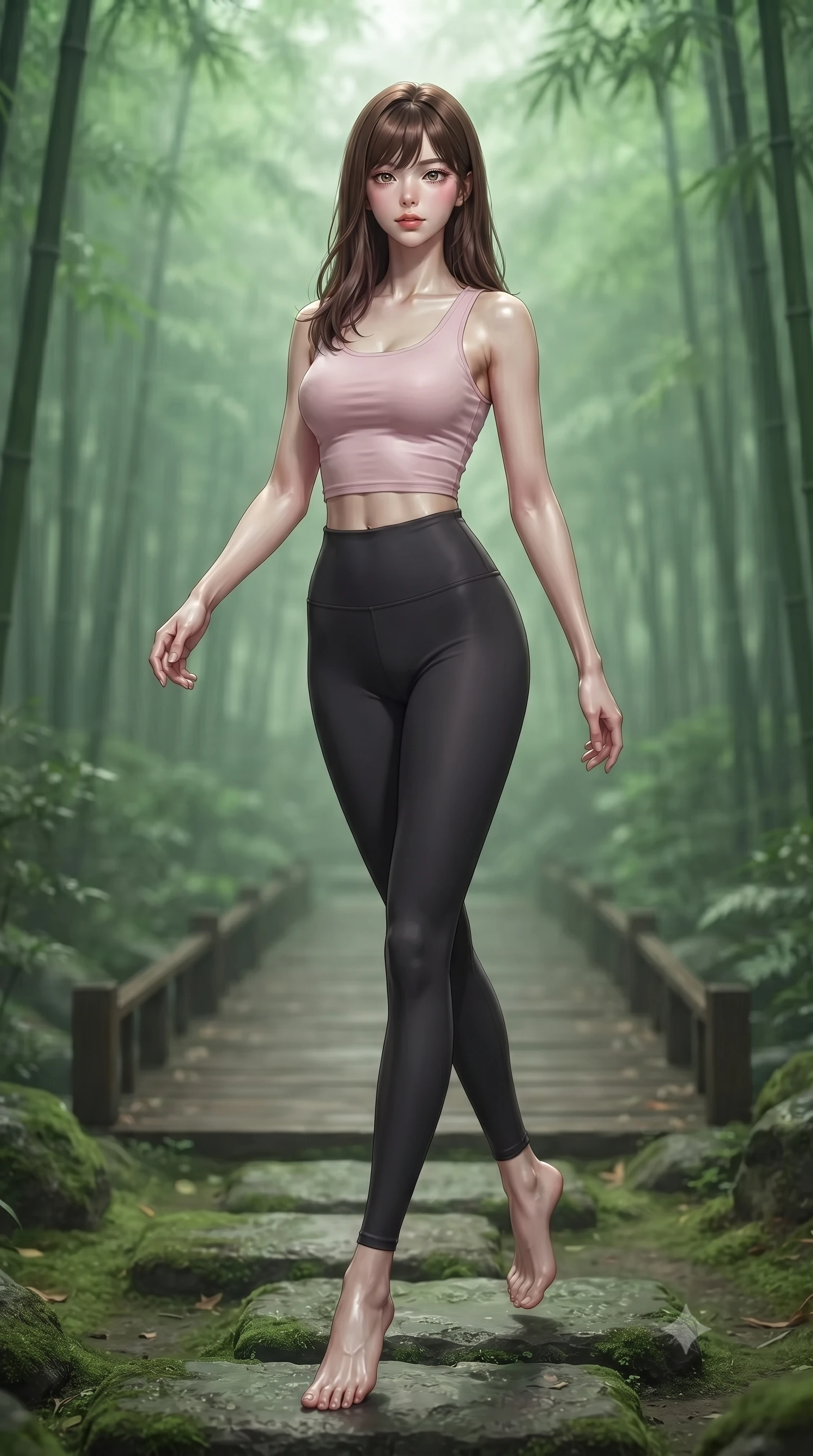 score_9, masterpiece, best quality, ultra-detailed, high-budget anime keyframe, editorial fashion photography, tasteful artistic composition, Korean woman woman. low angle full-body shot from head to toe showing her feet, filling the entire 9:16 vertical frame with her statuesque presence, stretching her vertical silhouette. stepping gracefully across a stone path in the garden the background shows a soft-focus a wooden path cutting through a misty green bamboo forest. She has an absolutely perfect, statuesque 8.5-heads proportion, an exceptionally tall and slender model-like female figure with impossibly long slender legs and an ultra-slim waist. sharp v-shaped jawline, high-bridge nose, intricate jewel-like eyes with depth, thick eyelashes, glossy lips with a natural sheen. wearing a body-hugging body-hugging light pink crop tank top paired with high-waisted tight-fitting leggings. soft, diffused green-tinted light creating a calm, meditative atmosphere. ultra-reflective glossy finish, specular highlights, metallic sheen, high-contrast stereoscopic depth, volumetric dynamic lighting, 2k, ultra detail, master piece, 9:16 ratio