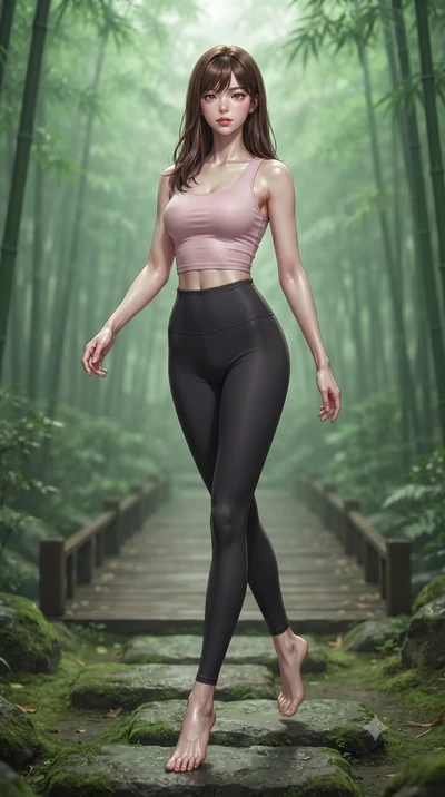score_9, masterpiece, best quality, ultra-detailed, high-budget anime keyframe, editorial fashion photography, tasteful artistic composition, Korean woman woman. low angle full-body shot from head to toe showing her feet, filling the entire 9:16 vert