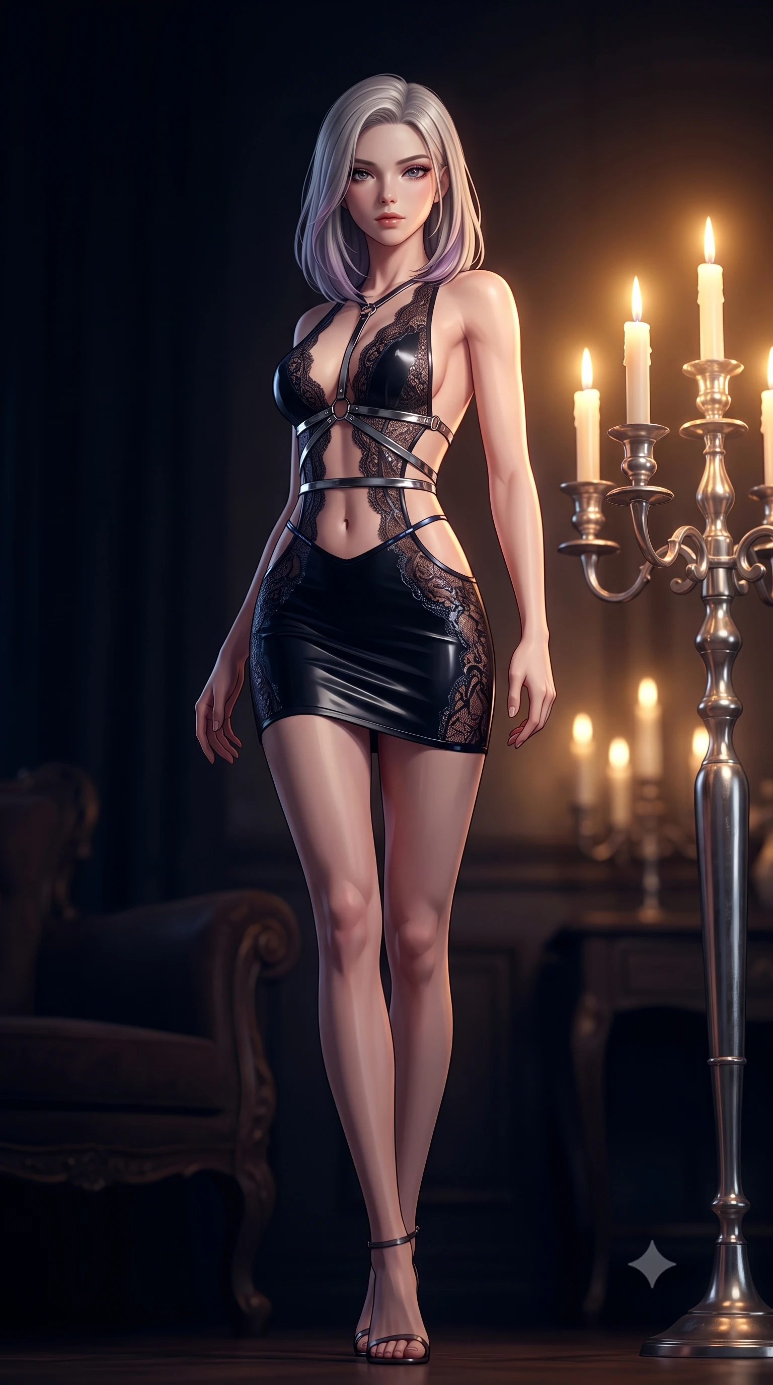 score_9, masterpiece, best quality, ultra-detailed, high-budget anime keyframe, semi-realistic 3D game render, editorial fashion photography, tasteful artistic composition, Caucasian woman. low angle full-body shot from head to toe showing her feet, filling the entire 9:16 vertical frame with her statuesque presence, stretching her vertical silhouette. arching her spine in a fluid zero-gravity turn with sovereign grace, her long slender legs and sculpted torso creating a sweeping line with provocative poise while stepping toward the camera from deep shadow into the warm golden halo of an ornate silver candelabra. The composition keeps background elements in soft focus with creamy bokeh. warm candle flames scattering soft, romantic golden glow across a dark interior backdrop. She has an absolutely perfect, statuesque 8.5-heads proportion, an exceptionally tall and slender model-like female figure with impossibly long slender legs, a toned flat midriff, and an ultra-slim waist. sharp v-shaped jawline, high-bridge nose, intricate jewel-like eyes with depth, thick eyelashes, glossy lips with a natural sheen, flawlessly proportioned anatomical accuracy, strict slender model proportions, natural body alignment, perfectly sculpted long slender limbs, ultra-slim waistline, clean dynamic posture without body distortion. wearing a second-skin midnight black latex mini dress with a dramatic open-back design wrapping around her waist and a plunging neckline in dark monochrome black and high-contrast pale skin accents, crafted from delicate dark lace interwoven with luminescent micro-fibers, reinforced by a sleek metallic chrome harness and delicate dark glowing micro-straps, the precision-cut daring openings accentuating her delicate midriff, graceful bare collarbones, and ultra-slim feminine waistline. bathed in intimate warm candelabra candlelight and deep velvet shadow chiaroscuro. rich saturated anime colors with deep moody shadows, detailed chiaroscuro shading with soft gradients, rich glossy textures, high-contrast stereoscopic depth, volumetric dynamic shadow lighting, master piece, 9:16 ratio