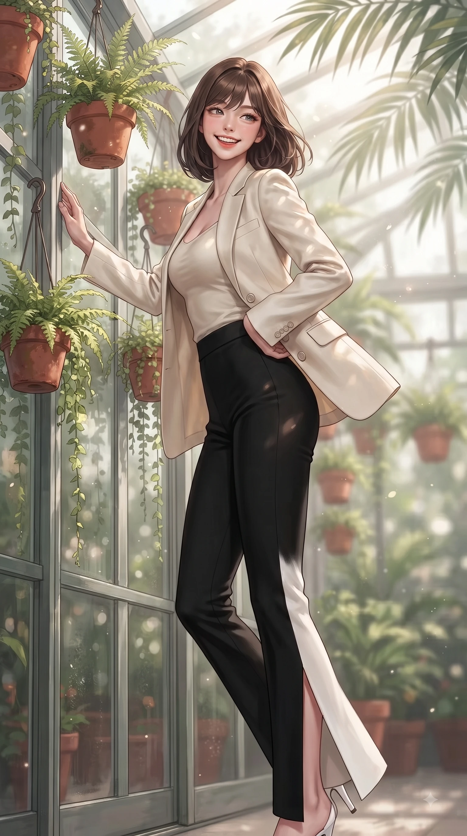 score_9, masterpiece, best quality, ultra-detailed, high-budget anime keyframe, editorial fashion photography, tasteful artistic composition, Korean woman. low angle full-body shot from head to toe showing her feet, filling the entire 9:16 vertical frame with her statuesque presence, stretching her vertical silhouette. performing a cheerful mid-motion turn with flawless poise, her radiant smile capturing fresh girlhood energy while leaning against a glass greenhouse wall surrounded by hanging terracotta flower pots. The composition keeps background elements in soft focus with dreamy bokeh. sunbeams filtering through palm leaves scattering soft background light motes. She has an absolutely perfect, statuesque 8.5-heads proportion, an exceptionally tall and slender model-like female figure with impossibly long slender legs and an ultra-slim waist. sharp v-shaped jawline, high-bridge nose, intricate jewel-like eyes with depth, thick eyelashes, glossy lips with a natural sheen, flawlessly proportioned anatomical accuracy, natural body alignment, perfectly sculpted elegant limbs, clean dynamic posture without body distortion. wearing a tailored cream silk blazer over a fitted scoop-neck camisole and slacks in sleek jet black and pure white contrast, knitted from soft cozy cashmere yarn, featuring a sleek side leg slit ascending to mid-thigh, the tailored fabric tightly following every curve of her athletic build. illuminated by fresh botanical sunbeams casting delicate leaf patterns. ultra-reflective glossy finish, specular highlights, metallic sheen, high-contrast stereoscopic depth, volumetric dynamic lighting, 2k, ultra detail, master piece, 9:16 ratio