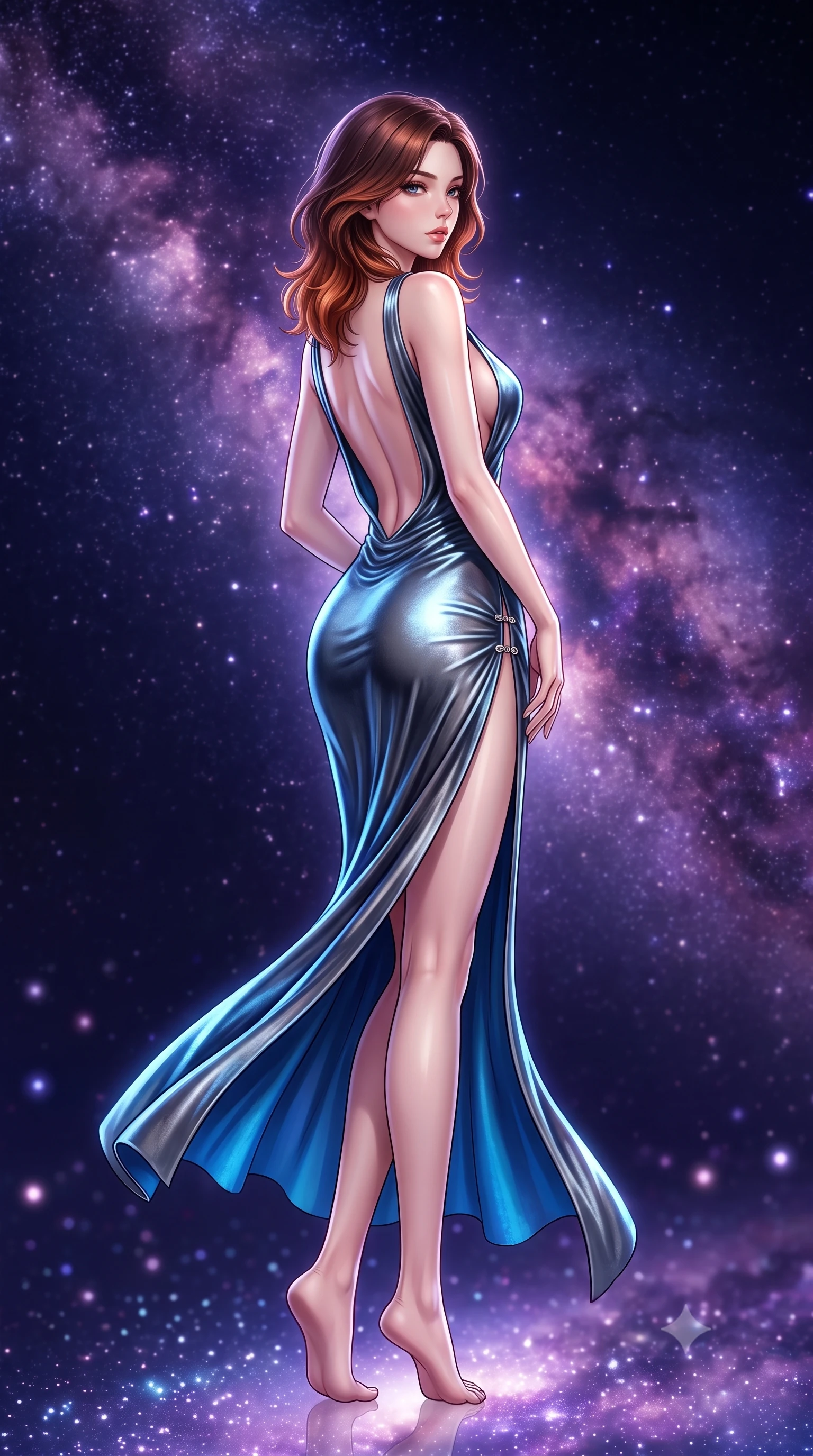 score_9, masterpiece, best quality, ultra-detailed, high-budget anime keyframe, semi-realistic 3D game render, editorial fashion photography, tasteful artistic composition, Korean woman. low angle full-body shot from head to toe showing her feet, filling the entire 9:16 vertical frame with her statuesque presence, stretching her vertical silhouette. executing an elegant mid-motion pivot turn as garments swirl around her slender limbs, glancing over her shoulder with an intoxicating bedroom-gaze while leaning back with relaxed seductive grace, her sculpted collarbones and narrow waist highlighted as she casts smoldering bedroom-eyes into the cosmic void. The composition keeps background elements in soft focus with creamy bokeh. countless glittering stars and purple galactic dust lanes of the Milky Way blurred into deep indigo, magenta, and starlight bokeh in both sky and water. She has an exceptionally tall and slender model-like 8.5-heads proportion, an ultra-slim waist, a flat toned midriff, narrow delicate ribcage, and beautifully sculpted feminine hips creating a graceful, slim hourglass silhouette without any bulky heaviness, with impossibly long slender legs. sharp v-shaped jawline, high-bridge nose, intricate jewel-like eyes with depth, thick eyelashes, glossy parted lips with a natural sheen, intensely captivating and seductive bedroom-eyes expression, flawlessly proportioned anatomical accuracy, strict slender model proportions, natural body alignment, perfectly sculpted long slender limbs, ultra-slim waistline, clean dynamic posture without body distortion. wearing a liquid-silk jersey evening gown with an ultra-deep plunging open back descending to the base of her spine and a sculpted hip-hugging skirt in metallic gunmetal and electric azure, crafted from heavyweight crushed silk velvet with liquid vintage luster, finished with an ultra-high side slit secured by miniature jeweled clasps, the glove-like aerodynamic silhouette tightly following the natural contour of her hips and long slender legs with statuesque 8.5-heads elegance. bathed in ethereal 360-degree cosmic starlight and glowing Milky Way galactic glow reflecting from below and above. highly saturated vibrant anime colors, detailed shading with soft gradients, rich glossy textures, high-contrast stereoscopic depth, volumetric dynamic lighting, master piece, 9:16 ratio