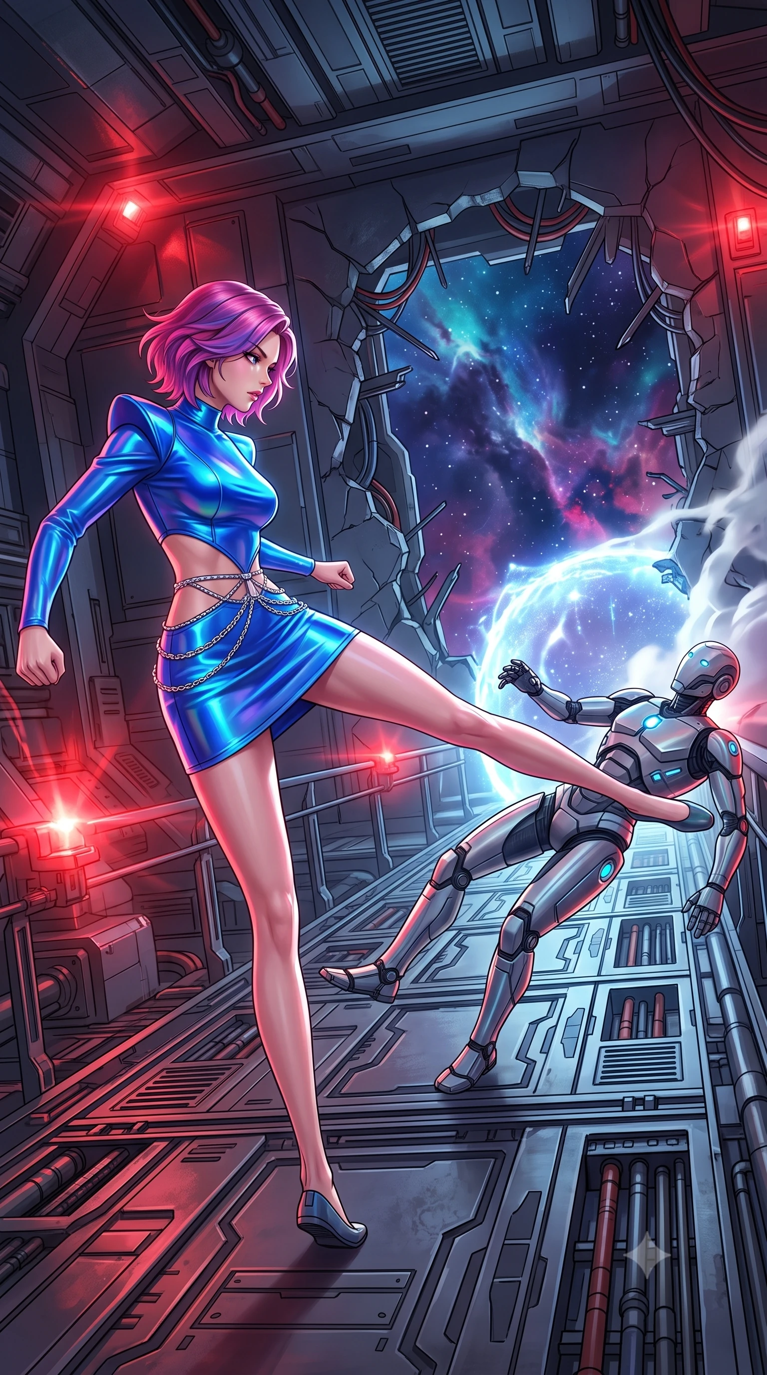 score_9, masterpiece, best quality, ultra-detailed, high-budget anime keyframe, editorial fashion photography, tasteful artistic composition, Caucasian woman, strictly human ears. low angle full-body shot from head to toe showing her feet, filling the entire 9:16 vertical frame with her statuesque presence, stretching her vertical silhouette. executing a lightning-fast low sweep kick to knock down a security android on a metal catwalk within a capital ship hangar bay during an attack, a breach in the hull exposing the hangar to space, emergency barriers glowing. She has a statuesque 8.5-heads proportion, an exceptionally tall, slender and willowy model-like build with impossibly long legs and a highly sculpted ultra-slim waist. sharp v-shaped jawline, high-bridge nose, intricate jewel-like eyes with depth, thick eyelashes, glossy lips with a natural sheen. wearing tailored for maximum mobility, sleek form-contouring panels that allow fluid movement, a tailored holographic mini dress in electric blue, featuring structured shoulder pads, an exposed midriff, and a silver waist chain. highly saturated vibrant anime colors, intense vivid color palette, soft 3D volumetric shading, volumetric dynamic lighting, flashing red hazard lights and white vacuum flares from the breach point. 2k, ultra detail, master piece, 9:16 ratio