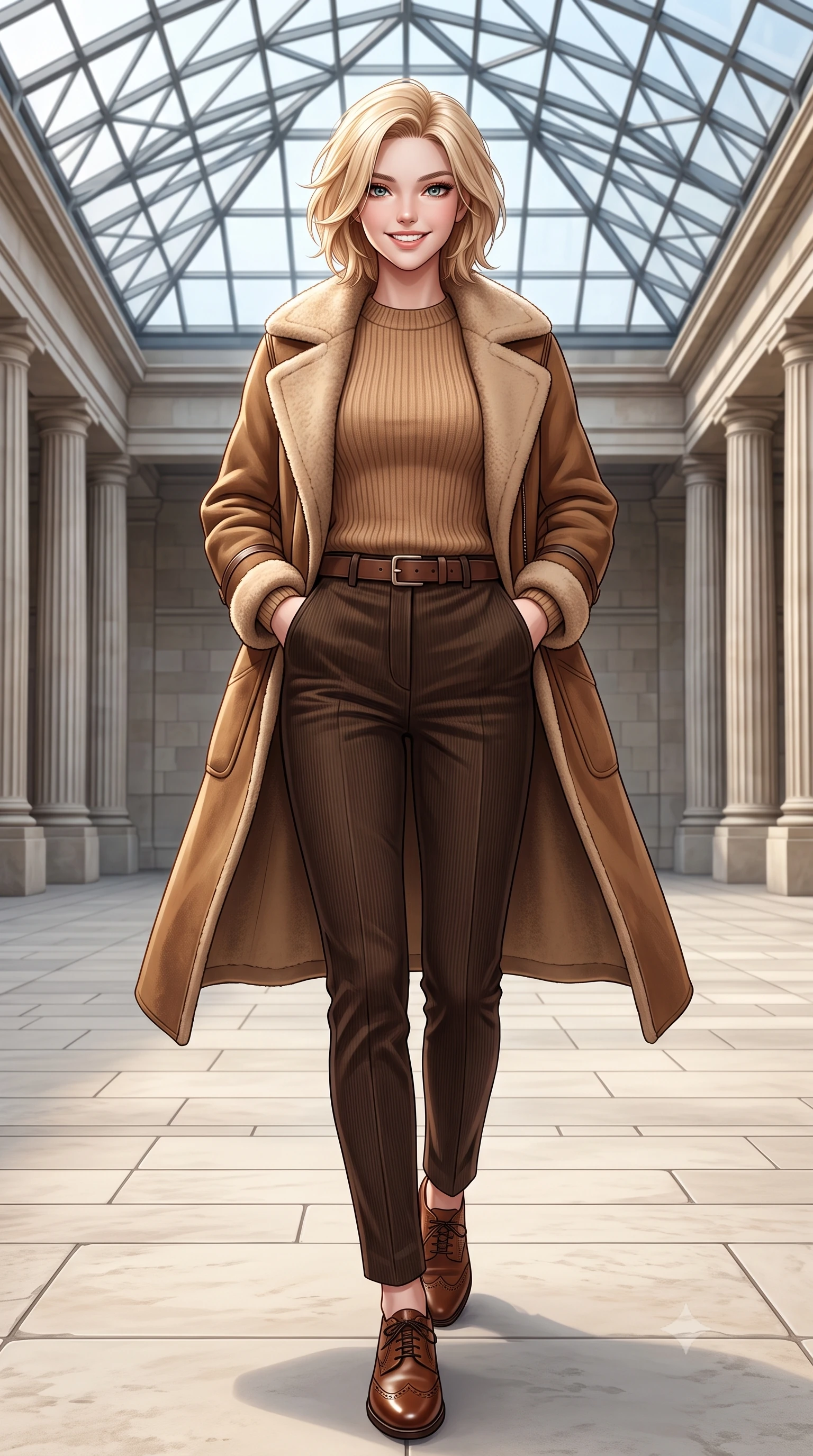 score_9, masterpiece, best quality, ultra-detailed, high-budget anime keyframe, semi-realistic 3D game render, editorial fashion photography, tasteful artistic composition, Caucasian woman. low angle full-body shot from head to toe showing her feet, filling the entire 9:16 vertical frame with her statuesque presence, stretching her vertical silhouette. standing tall and centered in the frame with hands tucked into her coat pockets, radiating statuesque poise and calm warmth while stepping gracefully across the vast limestone courtyard floor, her long tailored coat flowing with statuesque elegance. The surrounding environment is rendered in vivid detail and crisp panoramic clarity: sharp geometric steel strut joinery of glass ceiling, fluted column stone grooves, and smooth honed limestone paving joints in deep focus. She has an exceptionally tall and slender model-like 8.5-heads proportion, an ultra-slim waist, a flat toned midriff, narrow delicate ribcage, and beautifully sculpted feminine hips creating a graceful, slim hourglass silhouette without any bulky heaviness, with impossibly long slender legs. sharp v-shaped jawline, high-bridge nose, intricate jewel-like sparkling eyes with depth, thick eyelashes, glossy parted lips with a natural peach sheen, bright cheerful beaming smile with an enchanting and coquettish sensual glint, exuding both youthful cute charm and seductive allure, flawlessly proportioned anatomical accuracy, strict slender model proportions, natural body alignment, perfectly sculpted long slender limbs, ultra-slim waistline, clean dynamic posture without body distortion. wearing a plush shearling-trimmed suede aviator coat layered over a cozy ribbed merino knit sweater and tailored corduroy pants in Saint-Germain camel wool and warm espresso, tailored from heavyweight double-faced wool with clean architectural edges, complemented by classic polished leather oxfords with brogue perforations, the structured cinched belt emphasizing her narrow waistline and gracefully balanced proportions with timeless haute-couture polish. illuminated by pale stone reflection bounce and sharp platinum rim lights sculpting her jawline, narrow waist, and statuesque proportions. highly saturated vibrant anime colors, detailed shading with soft gradients, rich glossy textures, high-contrast stereoscopic depth, volumetric dynamic lighting, master piece, 9:16 ratio