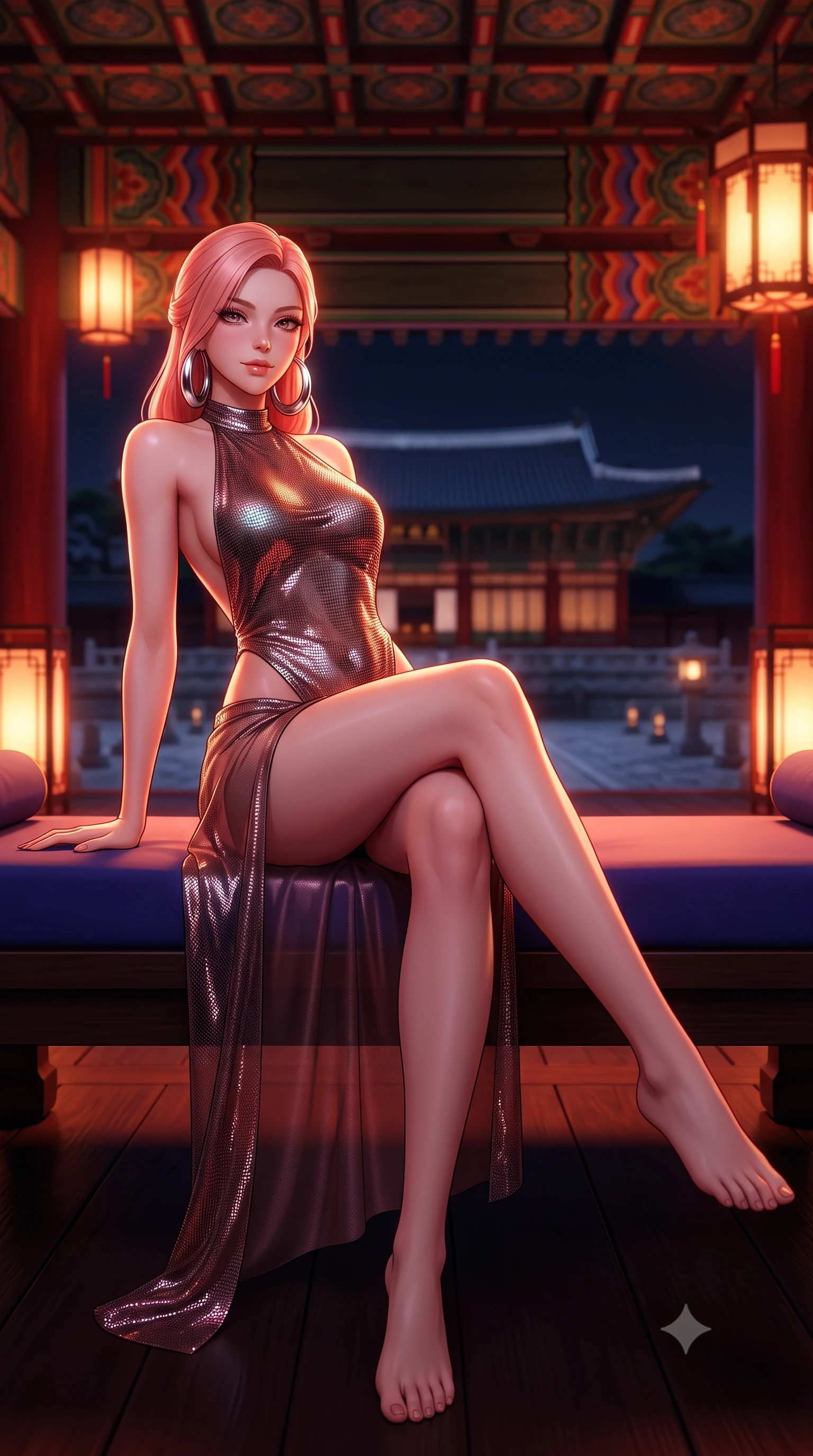 score_9, masterpiece, best quality, ultra-detailed, high-budget anime keyframe, semi-realistic 3D game render, editorial fashion photography, tasteful artistic composition, Japanese woman. low angle full-body shot from head to toe showing her feet, filling the entire 9:16 vertical frame with her statuesque presence, stretching her vertical silhouette. lounging on the lavish daybed with legs crossed and hips angled toward the camera, displaying her toned midriff and long slender limbs with effortless siren poise while lounging across a low royal daybed placed on the terrace, her flat midriff and long slender limbs commanding the festive courtyard. The background shows a soft-focus ornate dancheong ceiling patterns softened in grand palace night shallow focus. She has an absolutely perfect, statuesque 8.5-heads proportion, an exceptionally tall and slender model-like female figure with impossibly long slender legs, an ultra-slim waist, a flat toned midriff, narrow delicate ribcage, and beautifully sculpted feminine hips creating a graceful, slim hourglass silhouette without any bulky heaviness. sharp v-shaped jawline, high-bridge nose, sparkling eyes with hypnotic seductive depth, thick curled eyelashes, glossy parted lips with a natural dewy peach sheen, alluring bedroom-eyes with an enchanting coquettish smile, exuding magnetic siren charisma and sophisticated glamour, flawlessly proportioned anatomical accuracy, strict slender model proportions, natural body alignment, perfectly sculpted long slender limbs, ultra-slim waistline, clean dynamic posture without body distortion. wearing a liquid-tight backless silk halter leotard styled with a sheer wrap overskirt revealing her long slender legs and hip curve in smoky bordeaux wine and gilded bronze, crafted from shimmering fluid chainmail mesh reflecting ambient neon lights, accented with oversized polished chrome hoop earrings catching the ambient neon glow, the form-contouring silhouette accentuating her sculpted flat midriff, narrow delicate ribcage, and gracefully curvy hips with intoxicating allure. bathed in the warm crimson-and-amber glow of ceremonial palace lanterns. highly saturated vibrant anime colors, detailed shading with soft gradients, rich glossy textures, high-contrast stereoscopic depth, volumetric dynamic lighting, master piece, 9:16 ratio