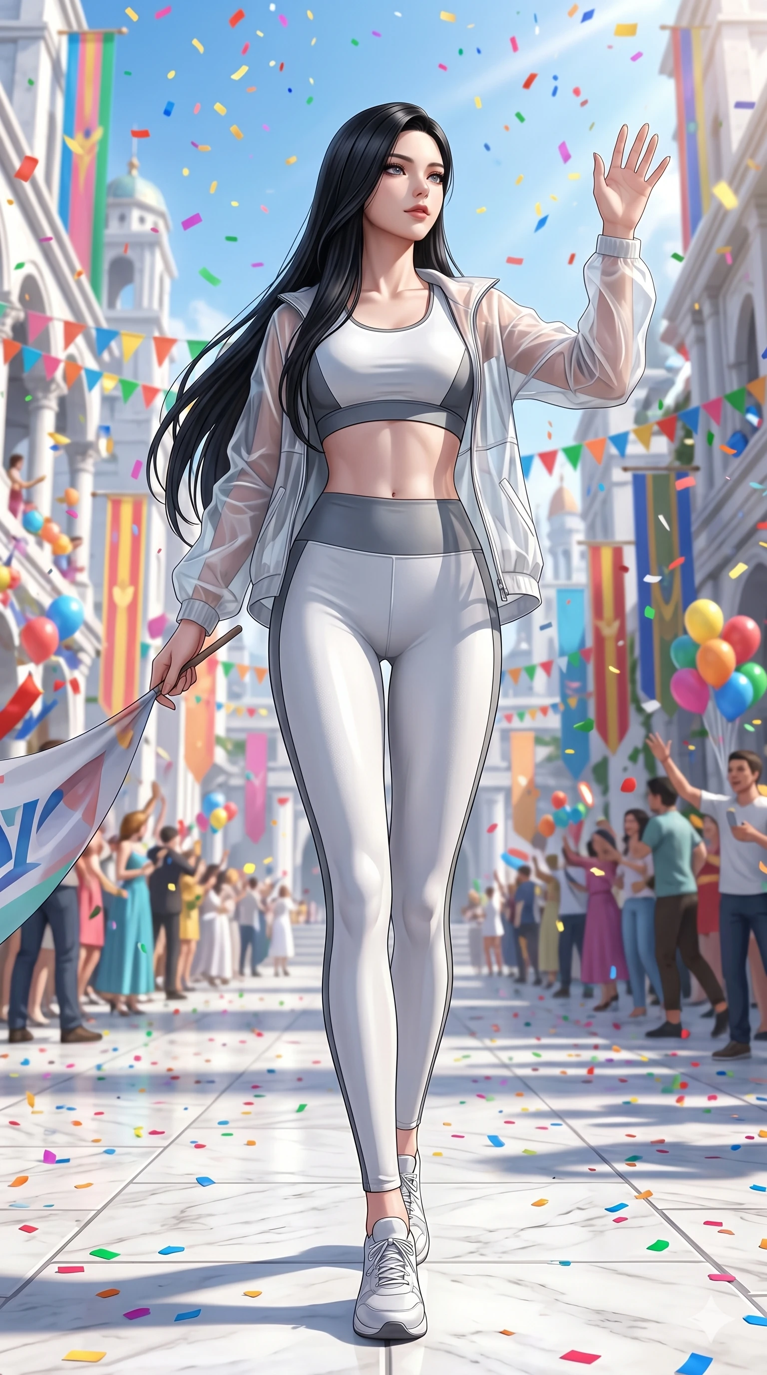 score_9, masterpiece, best quality, ultra-detailed, Set A: Photorealistic 8k CG, Japanese woman. Low angle cowboy shot filling the entire 9:16 frame with her statuesque presence. Standing in a rain of colorful confetti on a grand parade in a white marble city. She has an absolutely perfect 8-heads proportion, an exceptionally tall and slender female figure with elegant long slender legs and an slender waist. Sharp v-shaped jawline, high-bridge nose, intricate jewel-like eyes with depth, thick eyelashes, glossy lips. Wearing a Premium Athleisure outfit: sleek high-performance activewear with a sheer windbreaker. Background is a bright and colorful city street with vibrant decorations, balloons, and bright sunlight. 2k, ultra detail, master piece, 9:16 ratio