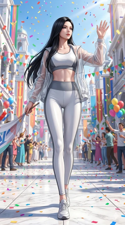 score_9, masterpiece, best quality, ultra-detailed, Set A: Photorealistic 8k CG, Japanese woman. Low angle cowboy shot filling the entire 9:16 frame with her statuesque presence. Standing in a rain of colorful confetti on a grand parade in a white ma