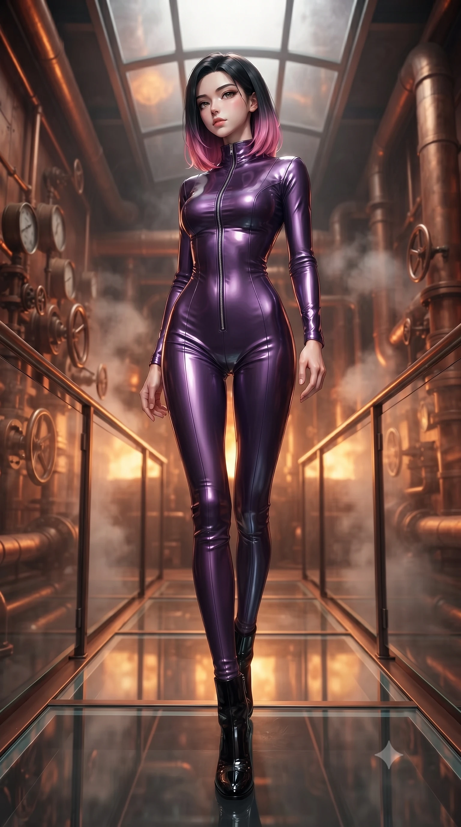 score_9, masterpiece, best quality, ultra-detailed, high-budget anime keyframe, editorial fashion photography, tasteful artistic composition, Korean woman. low angle full-body shot from head to toe showing her feet, filling the entire 9:16 vertical frame with her statuesque presence, stretching her vertical silhouette. walking slowly along a glass skybridge, looking back over her shoulder with an air of effortless grace, the background shows a soft-focus a copper pipe foundry corridor filled with vintage pressure gauges and steam. She has an absolutely perfect, statuesque 8.5-heads proportion, an exceptionally tall and slender model-like female figure with impossibly long slender legs and an ultra-slim waist. sharp v-shaped jawline, high-bridge nose, intricate jewel-like eyes with depth, thick eyelashes, glossy lips with a natural sheen. wearing a form-contouring form-contouring pilot flight suit in deep purple liquid vinyl, featuring a snug mock-neck and chrome zippers. warm orange glow of a melting furnace reflecting off copper and bronze walls. ultra-reflective glossy finish, specular highlights, metallic sheen, high-contrast stereoscopic depth, volumetric dynamic lighting, 2k, ultra detail, master piece, 9:16 ratio