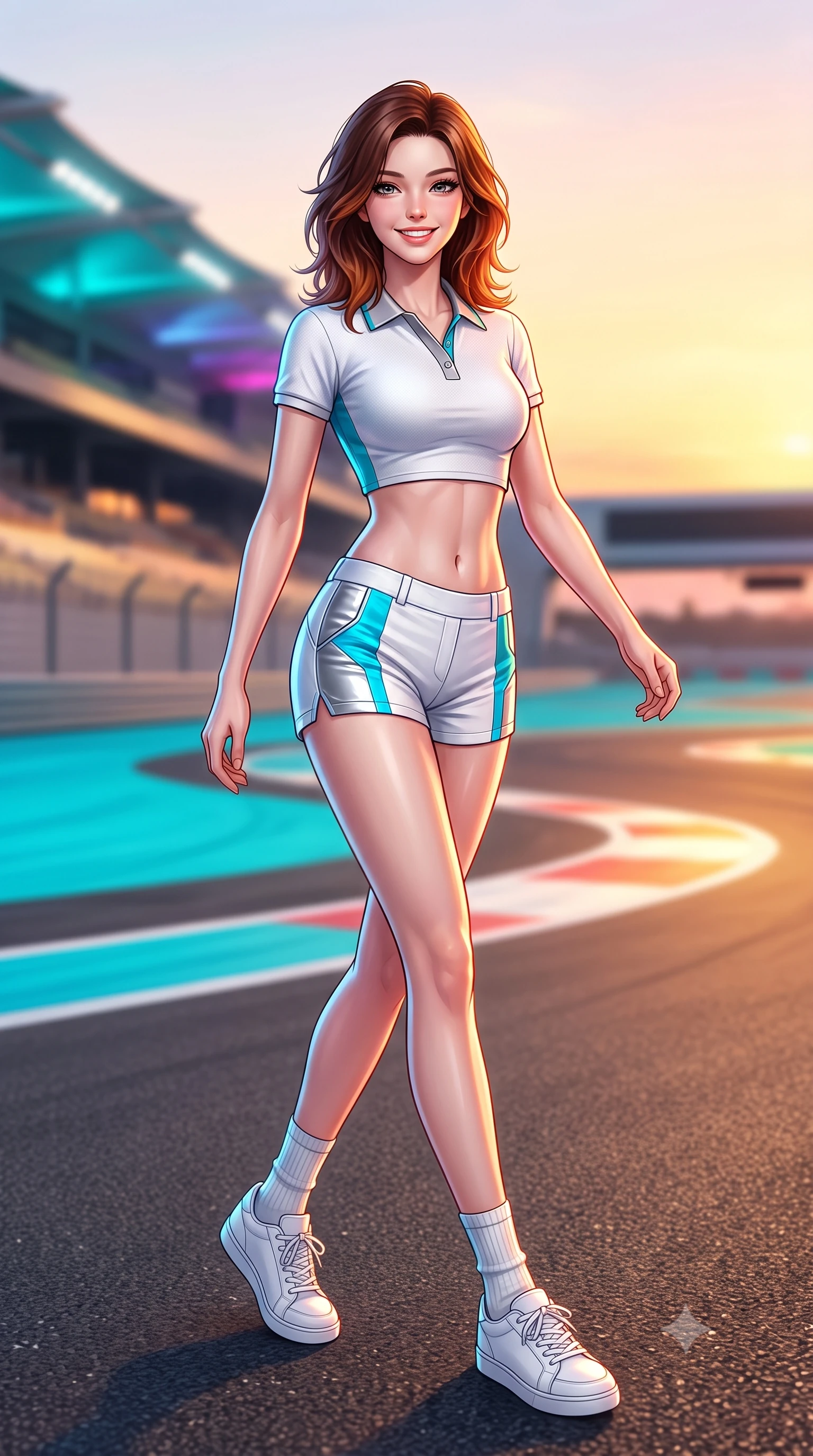 score_9, masterpiece, best quality, ultra-detailed, high-budget anime keyframe, semi-realistic 3D game render, editorial fashion photography, tasteful artistic composition, Korean woman. low angle full-body shot from head to toe showing her feet, filling the entire 9:16 vertical frame with her statuesque presence, stretching her vertical silhouette. stepping forward gracefully across the paddock tarmac in mid-motion with a radiant beaming smile, hips swaying in an alluring kinetic rhythm that accentuates her curvy hourglass silhouette and long slender legs while twisting her slender torso in an alluring S-curve, dynamic LED color shifts from the hotel canopy illuminating her tight racing outfit and hips. The background shows a soft-focus racing curbs painted in bright turquoise and illuminated track runoff zones softened in ultramodern Grand Prix shallow focus. She has an absolutely perfect, statuesque 8.5-heads proportion, an exceptionally tall and slender model-like female figure with impossibly long slender legs, an ultra-slim waist, a flat toned midriff, narrow delicate ribcage, and beautifully sculpted feminine hips creating a graceful, slim hourglass silhouette without any bulky heaviness. sharp v-shaped jawline, high-bridge nose, sparkling eyes with athletic focus and depth, thick curled eyelashes, glossy parted lips with a natural coral-peach sheen, bright confident and coquettish smile with alluring bedroom-eyes, exuding both youthful sporty vigor and sovereign high-society glamour, flawlessly proportioned anatomical accuracy, strict slender model proportions, natural body alignment, perfectly sculpted long slender limbs, ultra-slim waistline, clean dynamic posture without body distortion. wearing a sleek piqué-knit tennis polo crop top with contrasting collar piping paired with low-rise white racing hot-pants in metallic liquid silver and electric cyan, tailored from crisp cotton poplin with clean aerodynamic structural lines, complemented by ribbed knit crew socks and clean white designer court sneakers, the liquid-tight tailored fabric clinging flawlessly to her narrow waist and rounded feminine hips, emphasizing every millimeter of her sculpted slim hourglass curves without any bulky heaviness. bathed in dramatic desert sunset golden hour twilight combined with vibrant LED canopy color washes. highly saturated vibrant anime colors, detailed shading with soft gradients, rich glossy textures, high-contrast stereoscopic depth, volumetric dynamic lighting, master piece, 9:16 ratio