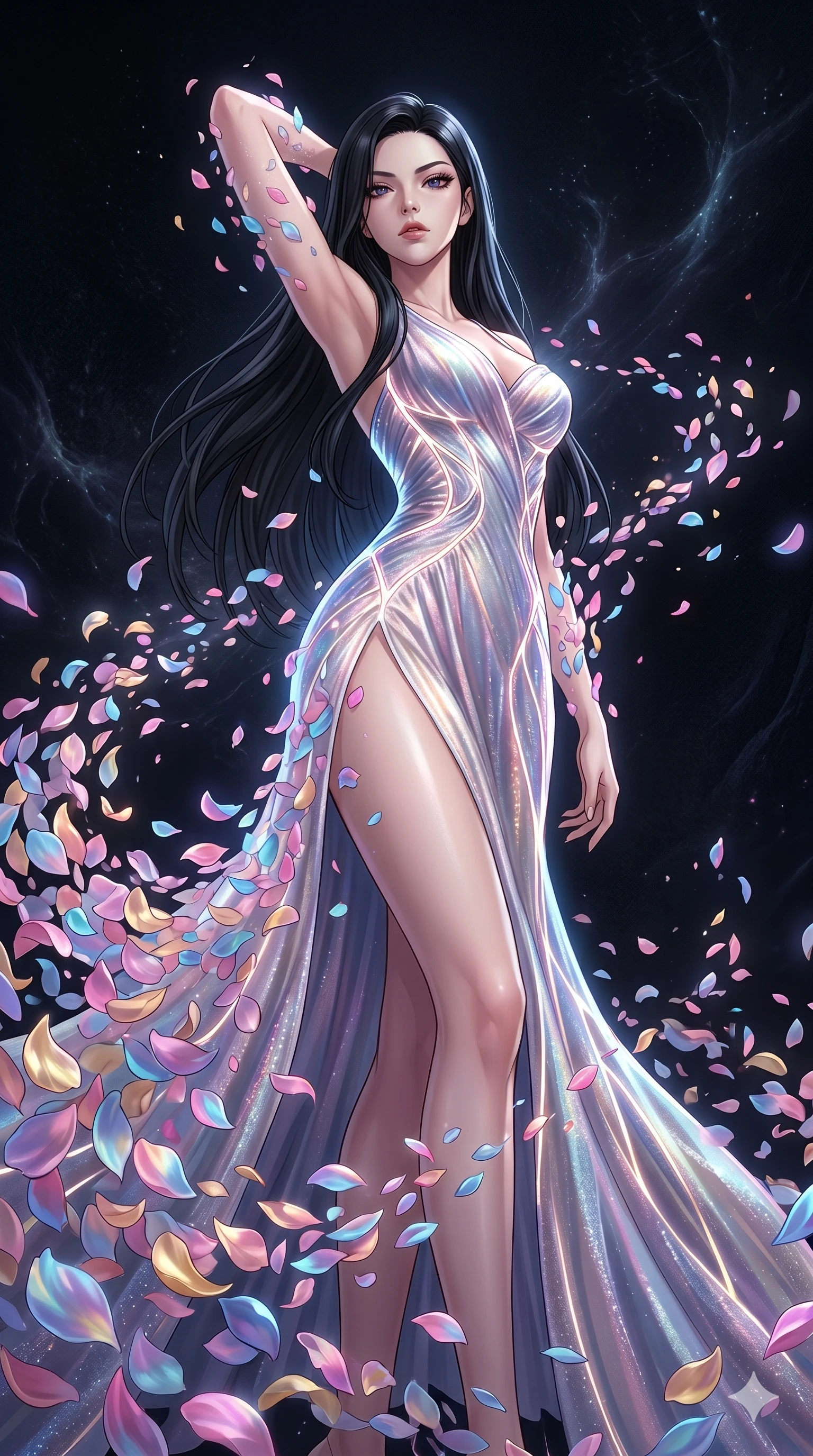 score_9, masterpiece, best quality, ultra-detailed, High-budget Anime Keyframe, East Asian woman. Low angle cowboy shot filling the entire 9:16 frame with her statuesque presence. Scenario 191: Dissolving into a cloud of iridescent silk petals in a void. Her presence is magnetic and overpowering in this high-budget anime scene. Outfit 191: A shimmering chiffon dangerous with a thigh-high slit and glowing LED seams. The clothing is designed to emphasize her exceptionally tall and slender 8-heads proportion. 8-heads proportion, towering silhouette, ultra-slim waist. sharp v-shaped jawline, intricate jewel-like eyes with depth, thick eyelashes, glossy lips. 2k, ultra detail, master piece, 9:16 ratio