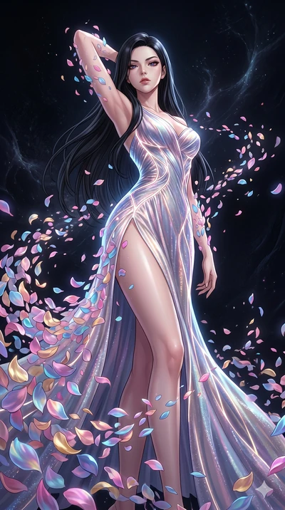 score_9, masterpiece, best quality, ultra-detailed, High-budget Anime Keyframe, East Asian woman. Low angle cowboy shot filling the entire 9:16 frame with her statuesque presence. Scenario 191: Dissolving into a cloud of iridescent silk petals in a v