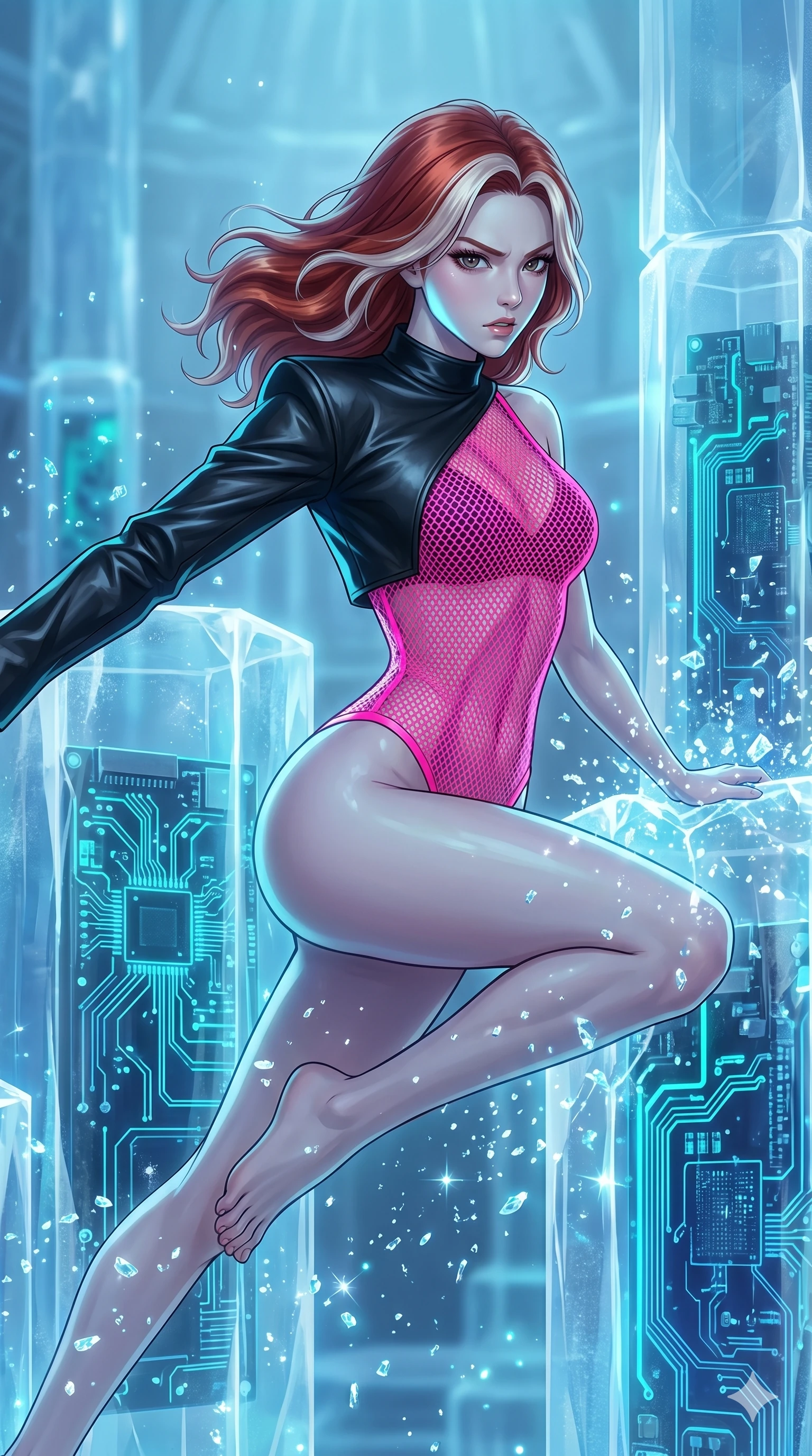 score_9, masterpiece, best quality, ultra-detailed, high-budget anime keyframe, Korean woman. upper body close-up from the thighs up, character filling the screen for maximum presence. leaping inside a sub-zero cybernetic ice temple, where glowing neon cyan computer circuit boards are frozen within transparent ice pillars, fracturing ice crystals into sparkles around her. She has an absolutely perfect 8-heads proportion, an exceptionally tall and slender female figure with impossibly long slender legs and an ultra-slim waist. V-shaped jawline, high-bridge nose, intricate jewel-like eyes with depth, thick eyelashes, glossy lips with a natural sheen.. wearing a fluorescent pink mesh bodysuit, styled with a cropped single-sleeve black leather shrug for a bold stage look. lit by a soft glowing ambient light and a sharp side key light that traces the sleek contours of her athletic build. 2k, ultra detail, master piece, 9:16 ratio
