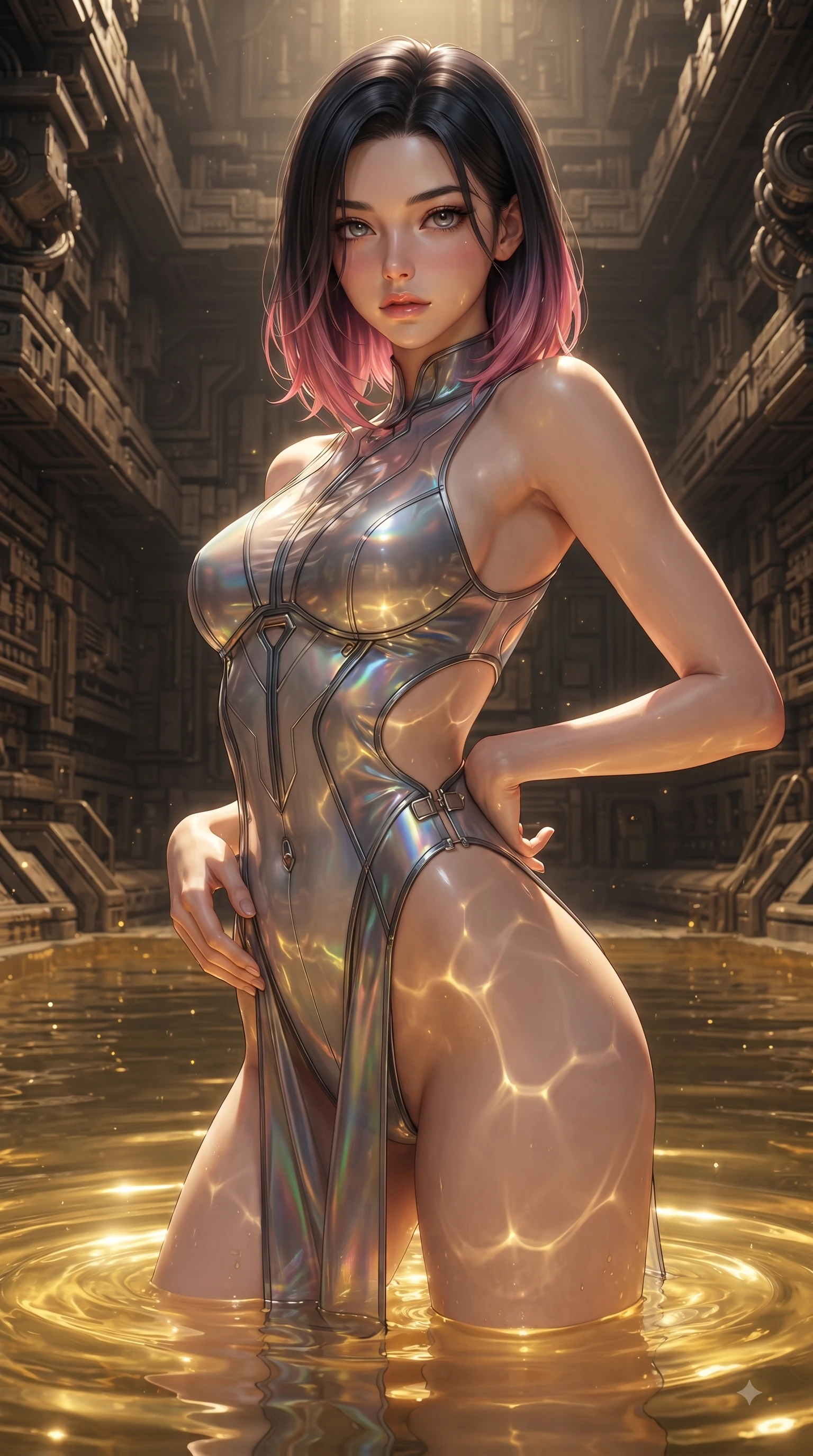 score_9, masterpiece, best quality, ultra-detailed, high-budget anime keyframe, editorial fashion photography, tasteful artistic composition, Korean woman. close-up cowboy shot from the waist and thighs up, the character dominates the composition, filling the frame with her large presence. twisting her upper body in a dynamic S-curve with an alluring smolder, one hand trailing along her slender waist while standing waist-deep in a glowing liquid gold reservoir as golden light ripples across her torso. The surrounding environment is rendered in vivid detail and crisp panoramic clarity. rich chiaroscuro lighting and intricate cyber-temple architectural textures rendered in panoramic clarity. She has an exceptionally elegant, slender, and willowy female figure with an ultra-slim waist, a gracefully sculpted slender torso, and a refined silhouette. sharp v-shaped jawline, high-bridge nose, intricate jewel-like eyes with depth, thick eyelashes, glossy lips with a natural sheen, flawlessly proportioned anatomical accuracy, natural body alignment, perfectly sculpted elegant limbs, clean dynamic posture without body distortion. wearing a high-cut translucent vinyl leotard with front paneling, exposed side-rib cutouts, and an open back in translucent smoky quartz and iridescent holographic sheen, made of smooth iridescent silk chiffon that shifts colors with movement, finished with an ultra-high side slit secured by miniature magnetic clasps, the sleek aerodynamic cut emphasizing her magnetic presence and alluring physical grace. bathed in shimmering gold reflections from the liquid pool and sharp directional key lights. ultra-reflective glossy finish, specular highlights, metallic sheen, high-contrast stereoscopic depth, volumetric dynamic lighting, 2k, ultra detail, master piece, 9:16 ratio