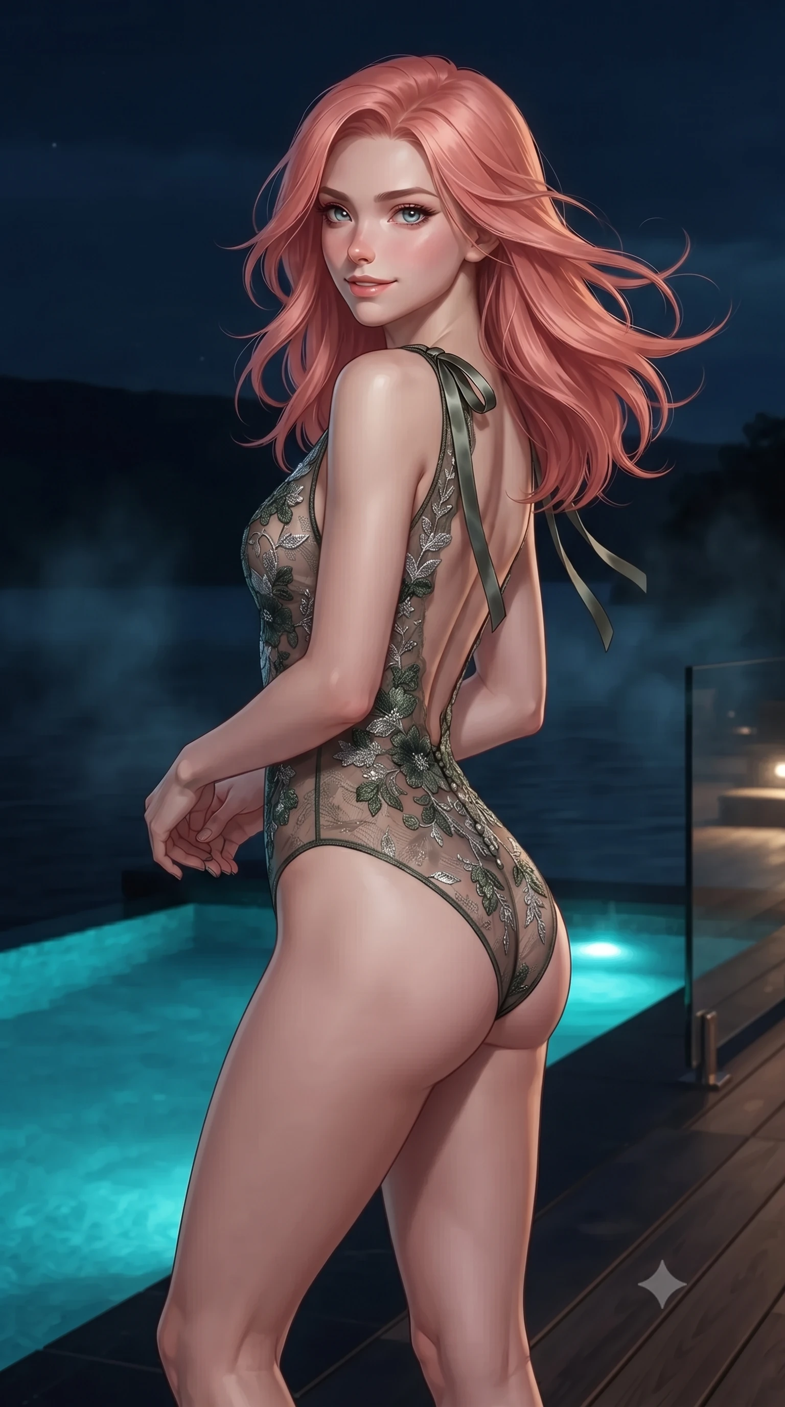score_9, masterpiece, best quality, ultra-detailed, high-budget anime keyframe, editorial fashion photography, tasteful artistic composition, Japanese woman. close-up cowboy shot from the waist and thighs up, the character dominates the composition, filling the frame with her large presence. turning slowly with an enchanting smoldering smile, her glossy hair tossing in the breeze as her hips angle gracefully in a captivating contrapposto while standing poised on the heated black basalt terrace cantilevered directly over the ink-black waters of Loch Ness, arching her spine with wet-look siren grace as nocturnal mist curls across the loch. The surrounding environment is rendered in vivid detail and crisp panoramic clarity: sharp frameless glass corner bevels, natural aromatic cedar planking grain, and still dark peat water ripples in deep focus. She has an exceptionally elegant, slender, and willowy female figure with an ultra-slim waist, flat toned midriff, narrow ribcage, and sculpted feminine hips creating an alluring, slim hourglass silhouette without bulk. sharp v-shaped jawline, high-bridge nose, intricate jewel-like sparkling eyes with depth, thick eyelashes, glossy parted lips with a natural peach sheen, bright cheerful beaming smile with an enchanting and coquettish sensual glint, exuding both youthful cute charm and seductive allure, flawlessly proportioned anatomical accuracy, strict slender model proportions, natural body alignment, perfectly sculpted long slender limbs, ultra-slim waistline, clean dynamic posture without body distortion. wearing an alluring backless sheer lace leotard with high-cut leg openings and delicate floral embroidery framing her spine in Loch Ness deep peat moss green and silver starlight, woven from structured British tweed with subtle metallic flecks, finished with satin ribbon ties at the shoulders fluttering in the gentle breeze, the liquid-tight tailored fabric clinging flawlessly to her narrow waist and rounded feminine hips, emphasizing every millimeter of her sculpted slim hourglass curves without any bulky heaviness. bathed in underwater pool turquoise-cyan LEDs combined with soft warm 2700K interior cove lighting through glass. ultra-reflective glossy finish, specular highlights, rich textural contrasts, high-contrast stereoscopic depth, volumetric dynamic lighting, 2k, ultra detail, master piece, 9:16 ratio
