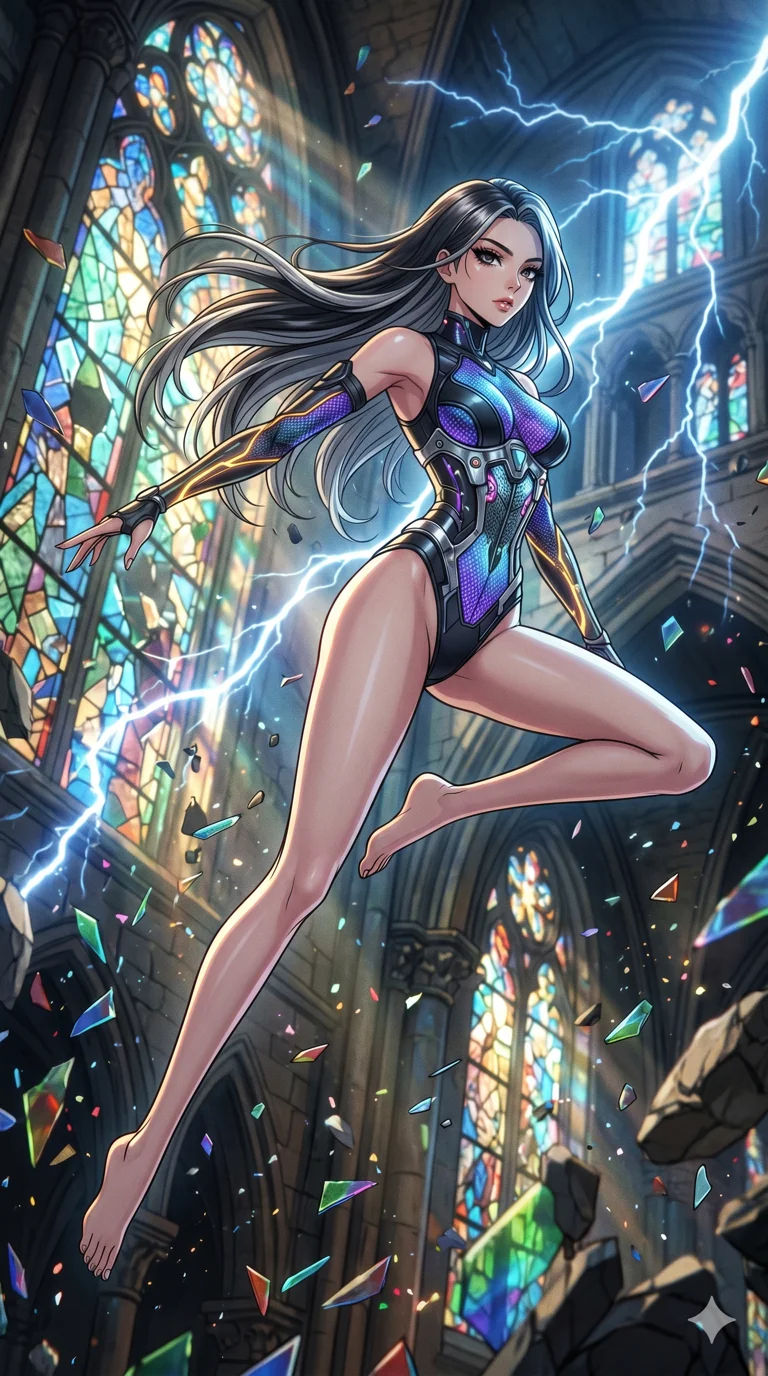 score_9, masterpiece, best quality, ultra-detailed, high-budget anime movie keyframe, cinematic anime lighting, intricate line art, Korean anime girl. Low angle cowboy shot filling the entire 9:16 frame with her statuesque presence. leaping gracefully in a shattered stained glass cathedral with lightning lasers. She has an absolutely perfect 8-heads proportion, an exceptionally tall and slender female figure with an ultra-slim waist and impossibly long slender legs. sharp v-shaped jawline, high-bridge nose, intricate jewel-like eyes, thick eyelashes, glossy lips. Wearing asymmetrical high-cut tech-bodysuit with detached glowing sleeves, chrome-plated mechanical corset, and bioluminescent mesh panels clinging to her slender figure. The scene is illuminated by dramatic atmospheric lighting and vibrant color palettes. 2k, ultra detail, master piece, 9:16 ratio