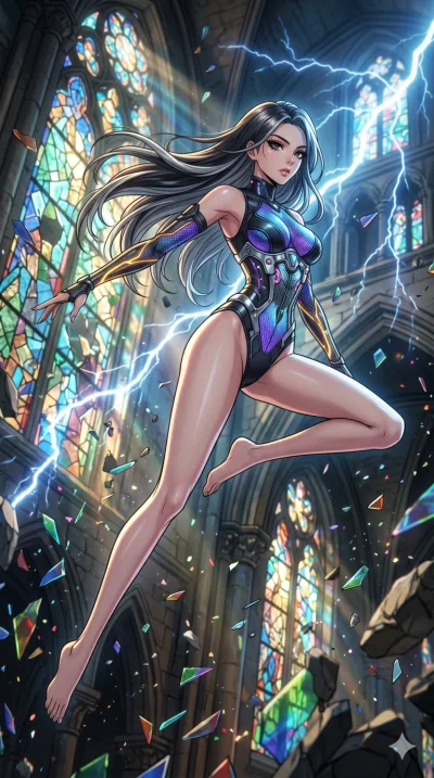 score_9, masterpiece, best quality, ultra-detailed, high-budget anime movie keyframe, cinematic anime lighting, intricate line art, Korean anime girl. Low angle cowboy shot filling the entire 9:16 frame with her statuesque presence. leaping gracefull