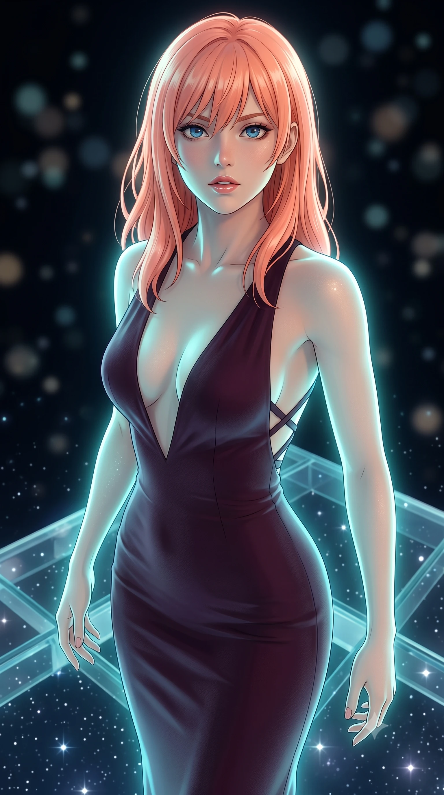 score_9, masterpiece, best quality, ultra-detailed, high-budget anime keyframe, editorial fashion photography, tasteful artistic composition, Japanese woman. close-up cowboy shot from the waist and thighs up, the character dominates the composition, filling the frame with her large presence, background elements kept in soft focus. Looking directly at the camera with a bold fearless expression and parted lips. set against a soft-focus background of a transparent crystalline dance floor floating in open space with nothing but stars visible in every direction below through the glass and around the edges of the impossibly suspended platform. She has an exceptionally elegant and slender, willowy female figure with an ultra-slim waist, a gracefully sculpted slender torso, and a refined slim physique. sharp v-shaped jawline, high-bridge nose, intricate jewel-like eyes with depth, thick eyelashes, glossy lips with a natural sheen. wearing a dark plum dress with a deep plunging V-neckline and a criss-cross strap back design. soft aqua bioluminescent light making her skin luminously glow against darkness. 2k, ultra detail, master piece, 9:16 ratio