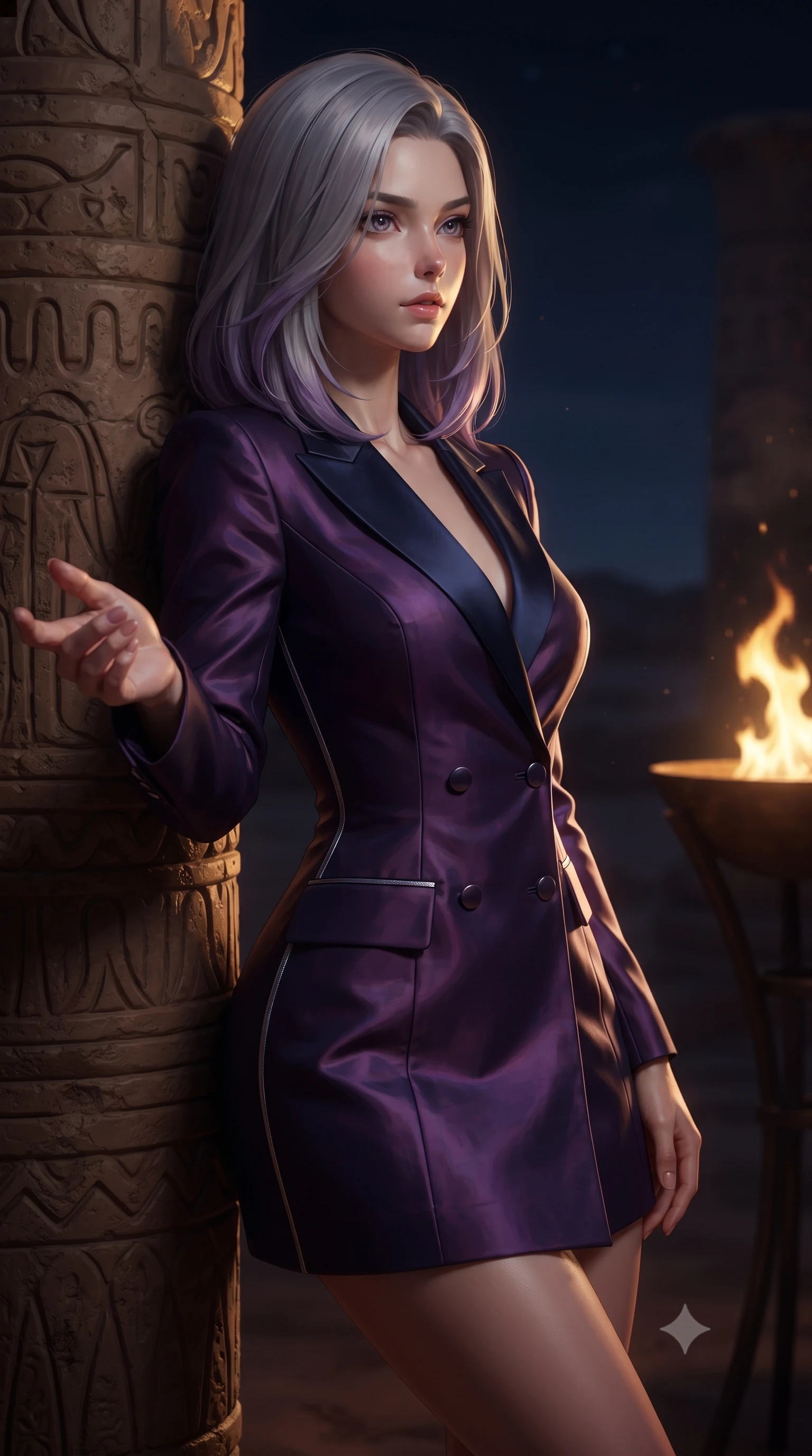score_9, masterpiece, best quality, ultra-detailed, high-budget anime keyframe, editorial fashion photography, tasteful artistic composition, Caucasian woman. close-up cowboy shot from the waist and thighs up, the character dominates the composition, filling the frame with her large presence, background elements kept in soft focus. Reaching one hand toward the viewer with relaxed sensual elegance, resting against a carved clay pillar looking out at a dark desert horizon, flickering bronze brazier light casting warm golden rays across her body. She has an exceptionally elegant, slender, and willowy female figure with an ultra-slim waist, a gracefully sculpted slender torso, and a refined silhouette. sharp v-shaped jawline, high-bridge nose, intricate jewel-like eyes with depth, thick eyelashes, glossy lips with a natural sheen. wearing tailored double-breasted obsidian blazer dress with silk lapels in midnight navy blue, made of iridescent dark violet taffeta, finished with metallic silver boning and sleek zipper points, highlighting her statuesque proportions and ultra-slim waistline. lit by low-key flame light piercing through dark desert night air. highly saturated vibrant anime colors, detailed shading with soft gradients, rich glossy textures, high-contrast stereoscopic depth, volumetric dynamic lighting, master piece, 9:16 ratio