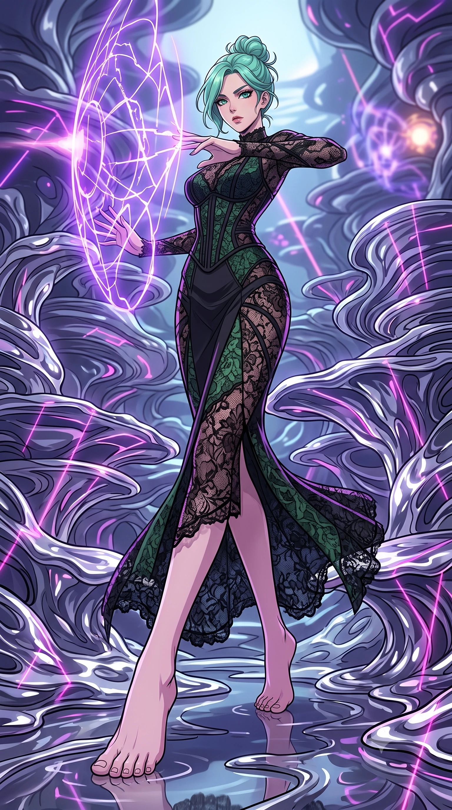 score_9, masterpiece, best quality, ultra-detailed, high-budget anime keyframe, clean line-art, cel-shading, Japanese woman. low angle full-body shot from head to toe showing her feet, filling the entire 9:16 vertical frame with her statuesque presence, stretching her vertical silhouette. dodging backward with feline agility while casting an energy barrier through an abstract sea reef made of living liquid mercury coral formations that ripple and merge when touched. She has a statuesque 8.5-heads proportion, an exceptionally tall, slender and willowy model-like build with impossibly long legs and a highly sculpted ultra-slim waist. sharp v-shaped jawline, high-bridge nose, intricate jewel-like eyes with depth, thick eyelashes, glossy lips with a natural sheen. wearing tailored for maximum mobility, sleek form-contouring panels that allow fluid movement, a body-hugging deconstructed lace gown in black, detailed with forest green lace panels and corset structure. laser lines of violet and hot pink reflecting off surfaces casting geometric neon highlights. highly saturated vibrant anime colors, intense vivid color palette, volumetric dynamic lighting, 2k, ultra detail, master piece, 9:16 ratio